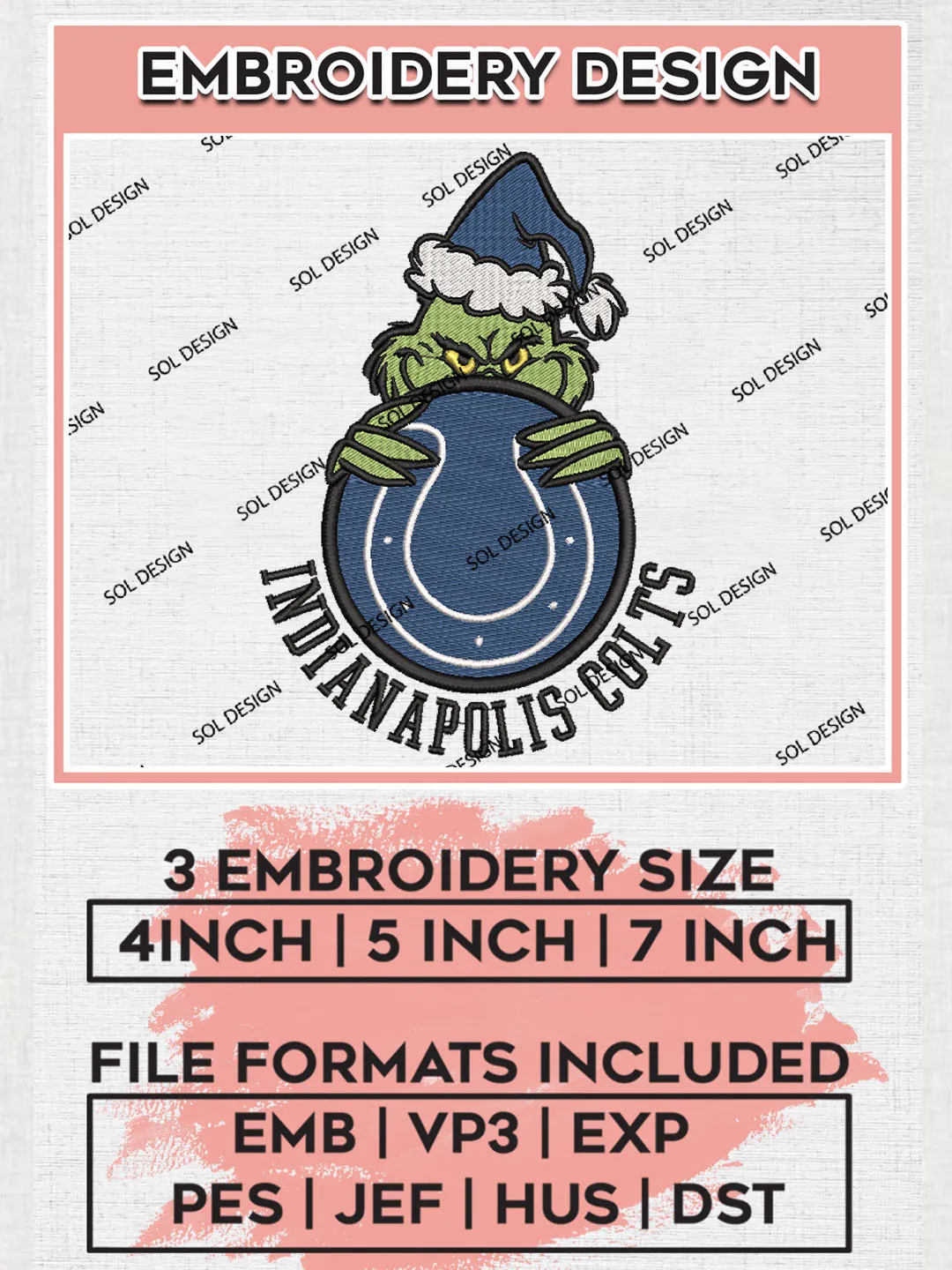 NFL Indianapolis Colts Team x Grinch Holding Ornament Logo Embroidery Designs, NFL Colts Team Machine Embroidery Files, NFL Football Teams, 3 sizes, Grinch Machine embroidery designs, Digital Download