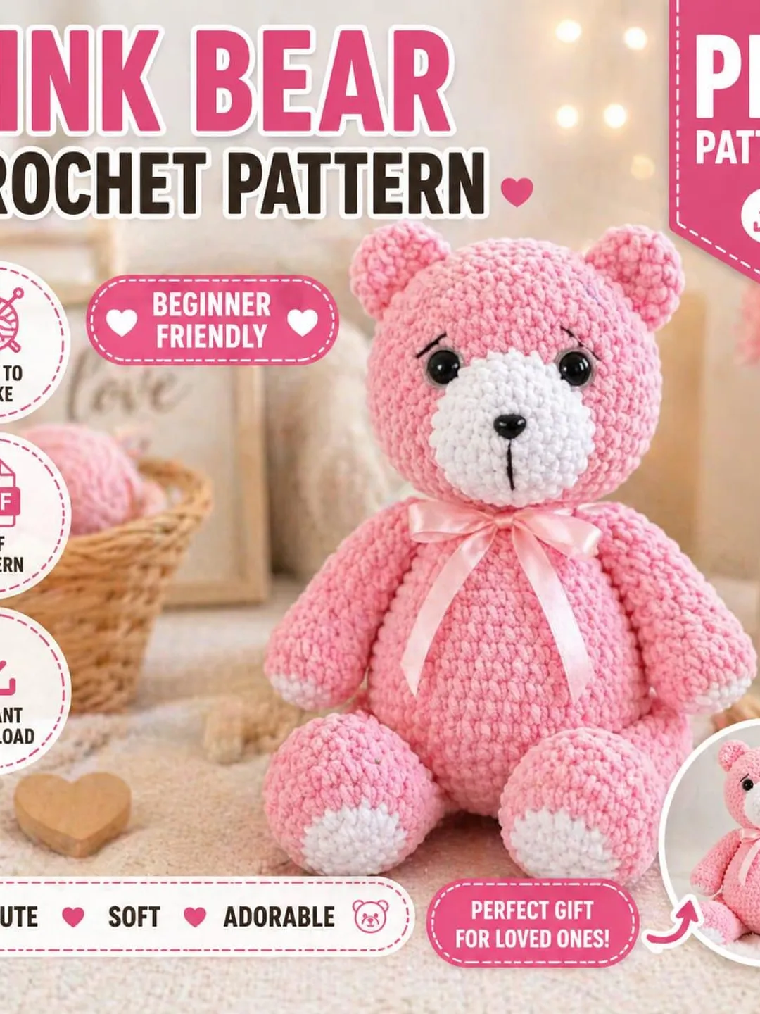 Crochet Teddy Bear Pattern PDF, Amigurumi Bear Pattern, Beginner Crochet Plush Toy, Cute Pink Bear DIY, Instant Download Soft Toy Pattern