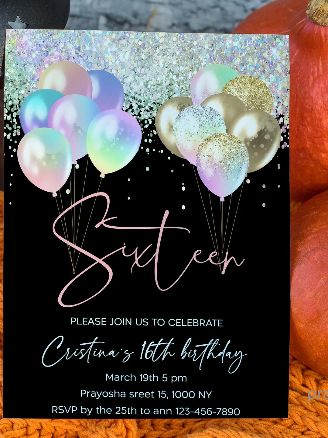 Sweet Sixteen Invitation, Sage Pink Gold Balloons, Editable Party Invite (Digital Download)