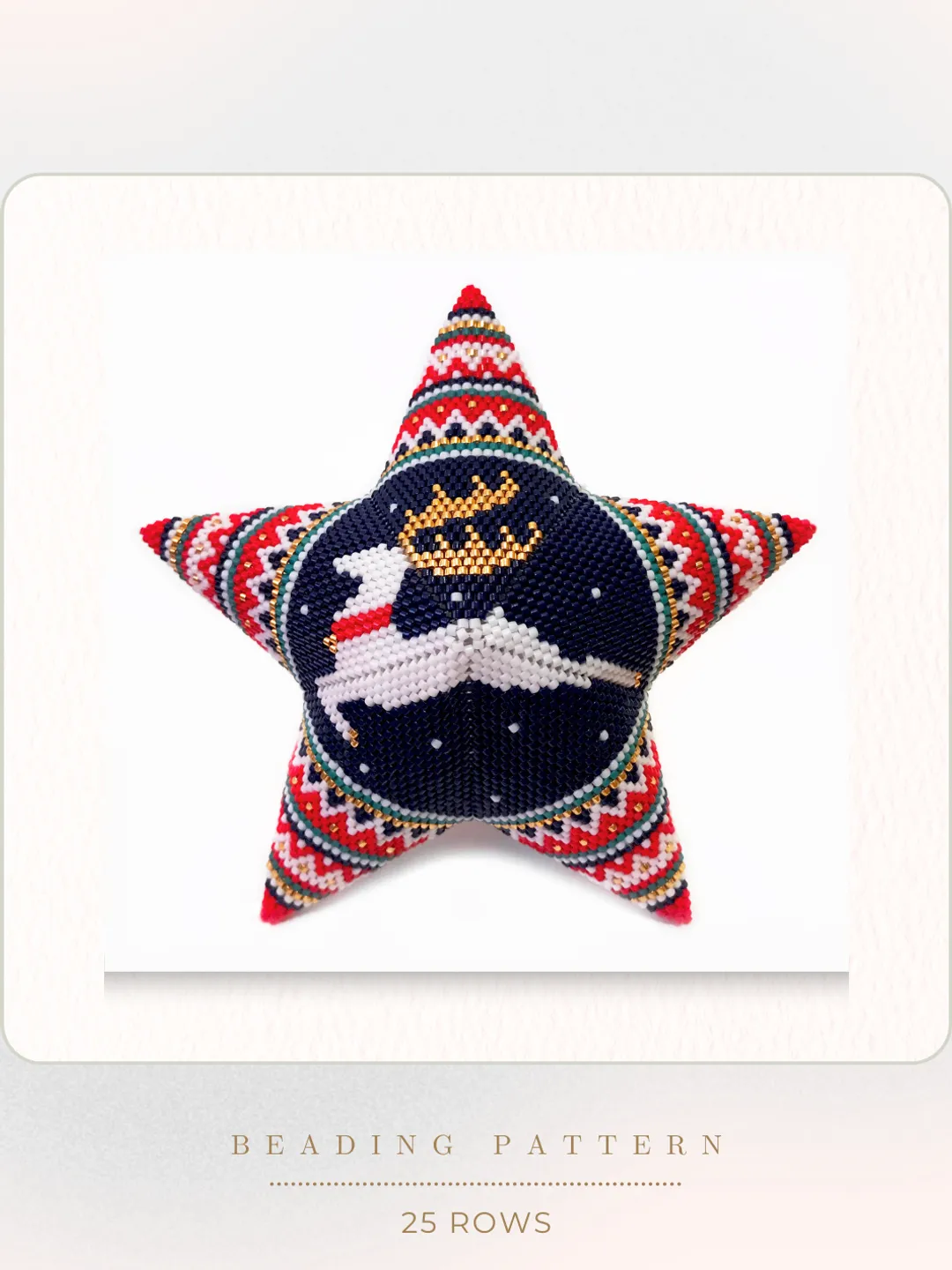 Christmas Reindeer, Beaded Star, Seed Bead Winter Ornament, Beading PDF Pattern, Peyote Stitch