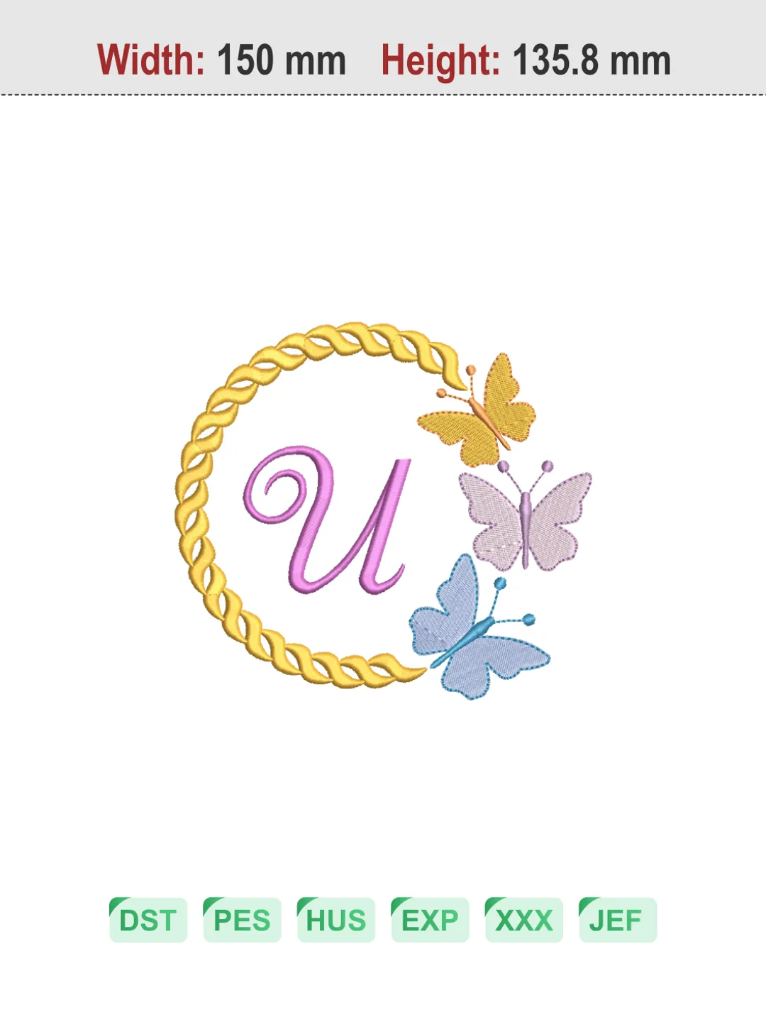 Butterfly Wreath Letter U Machine Embroidery Design