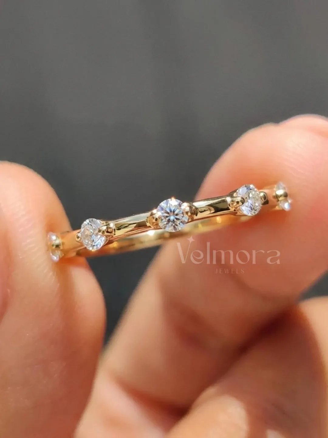 Round Moissanite Station Wedding Band in Gold, Minimal Anniversary Stacking Ring for Women