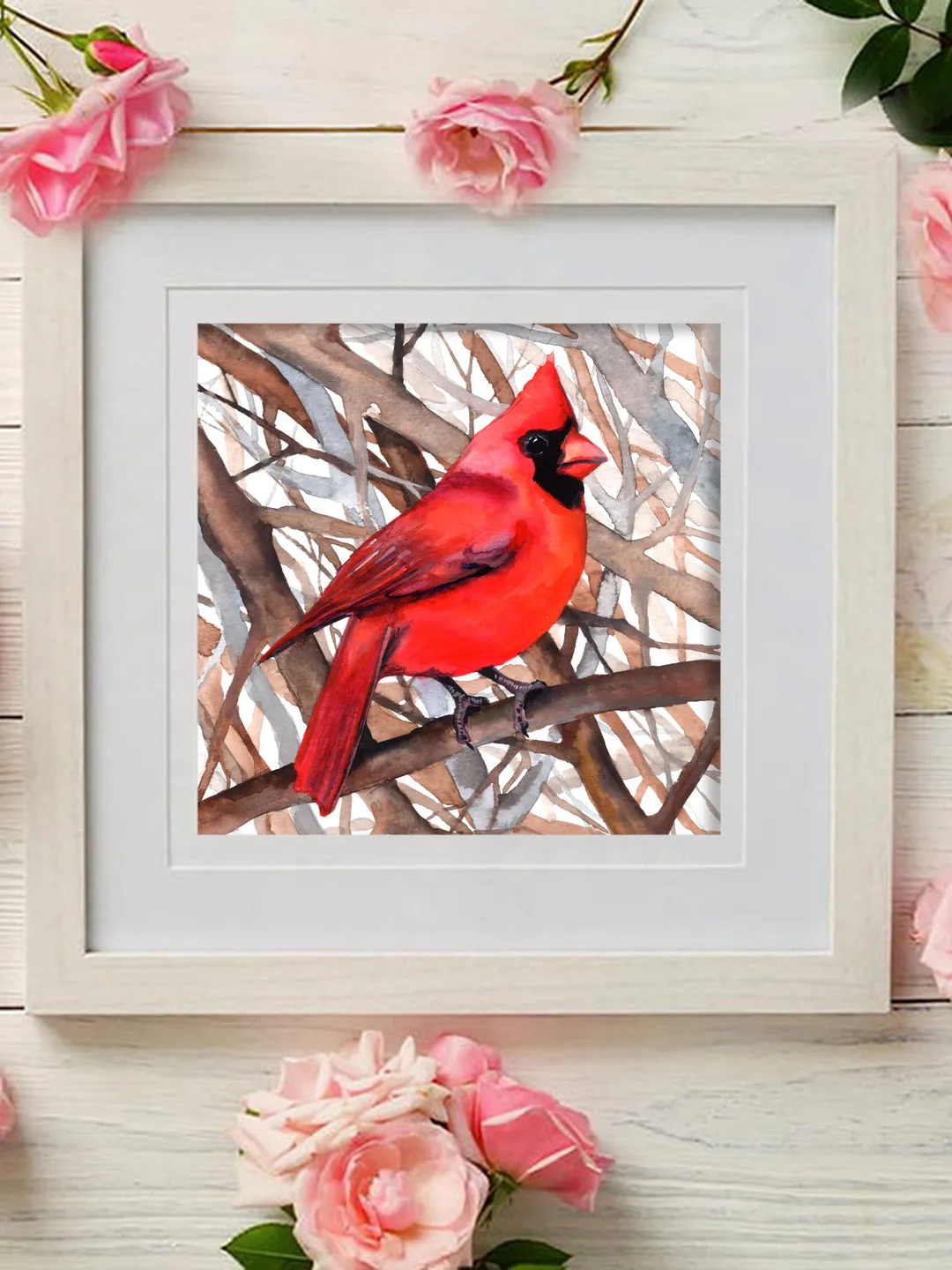 Red cardinal original watercolor, birds painting, handmade wall decor, 5.7x5.7 in art for bird lovers by Anne Gorywine