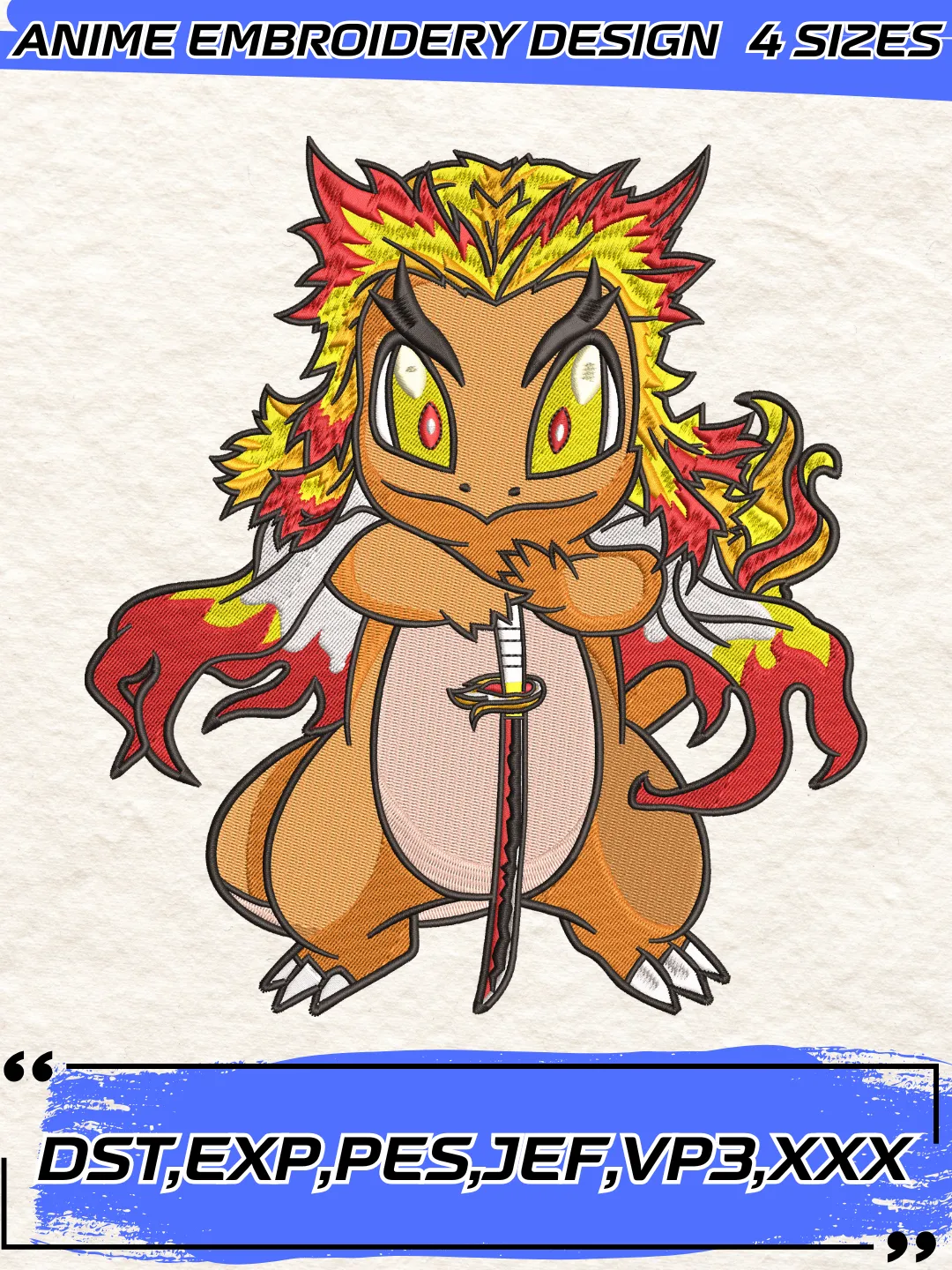 Rengoku Kyoujurou Kimetsu No Yaiba Embroidery Design File,Demon Slayer Machine Embroidery Pattern, Digital Download