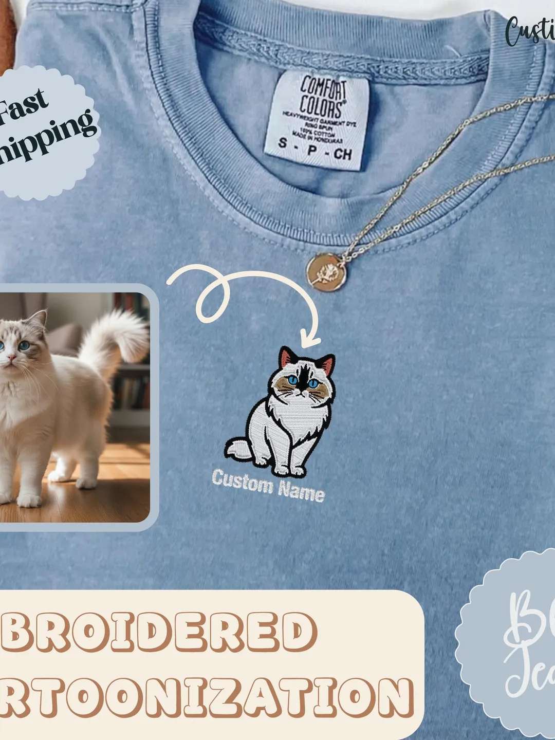 Custom Embroidered Cat Shirt: Personalized Pet Portrait Sweatshirt, Comfort Colors® Shirt. Custom Embroidered Pet Shirt