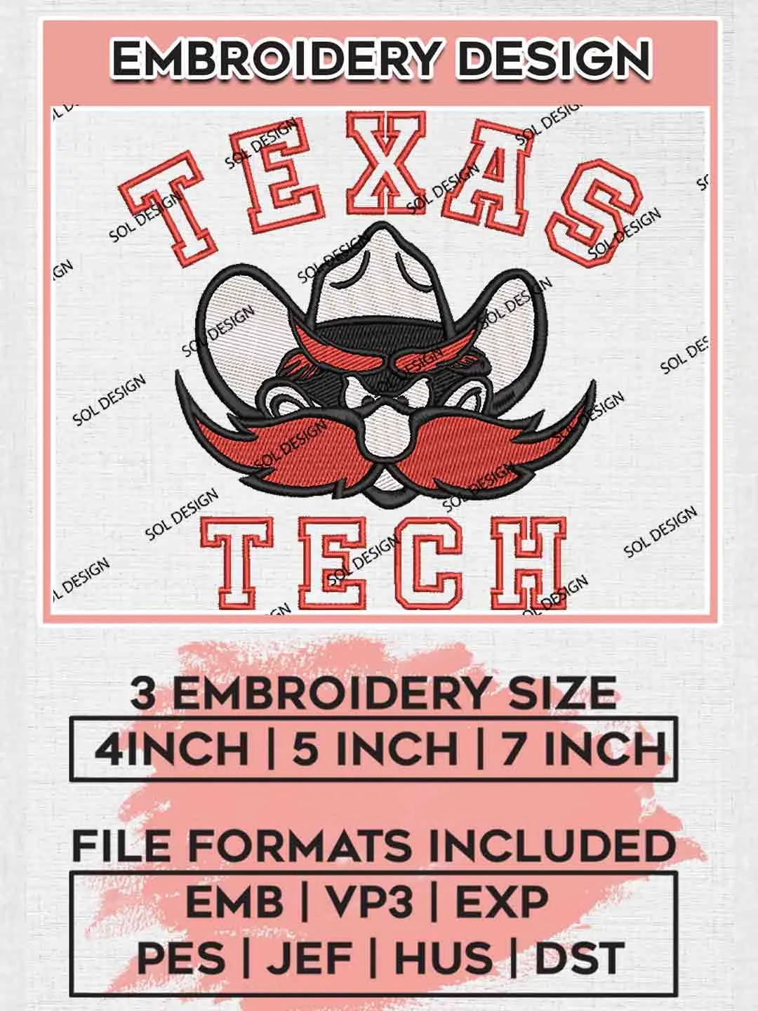 Texas Tech Red Raider Embroidery Design, Football Embroidery files, Sport Machine embroidery files, 3 sizes, Instant Download