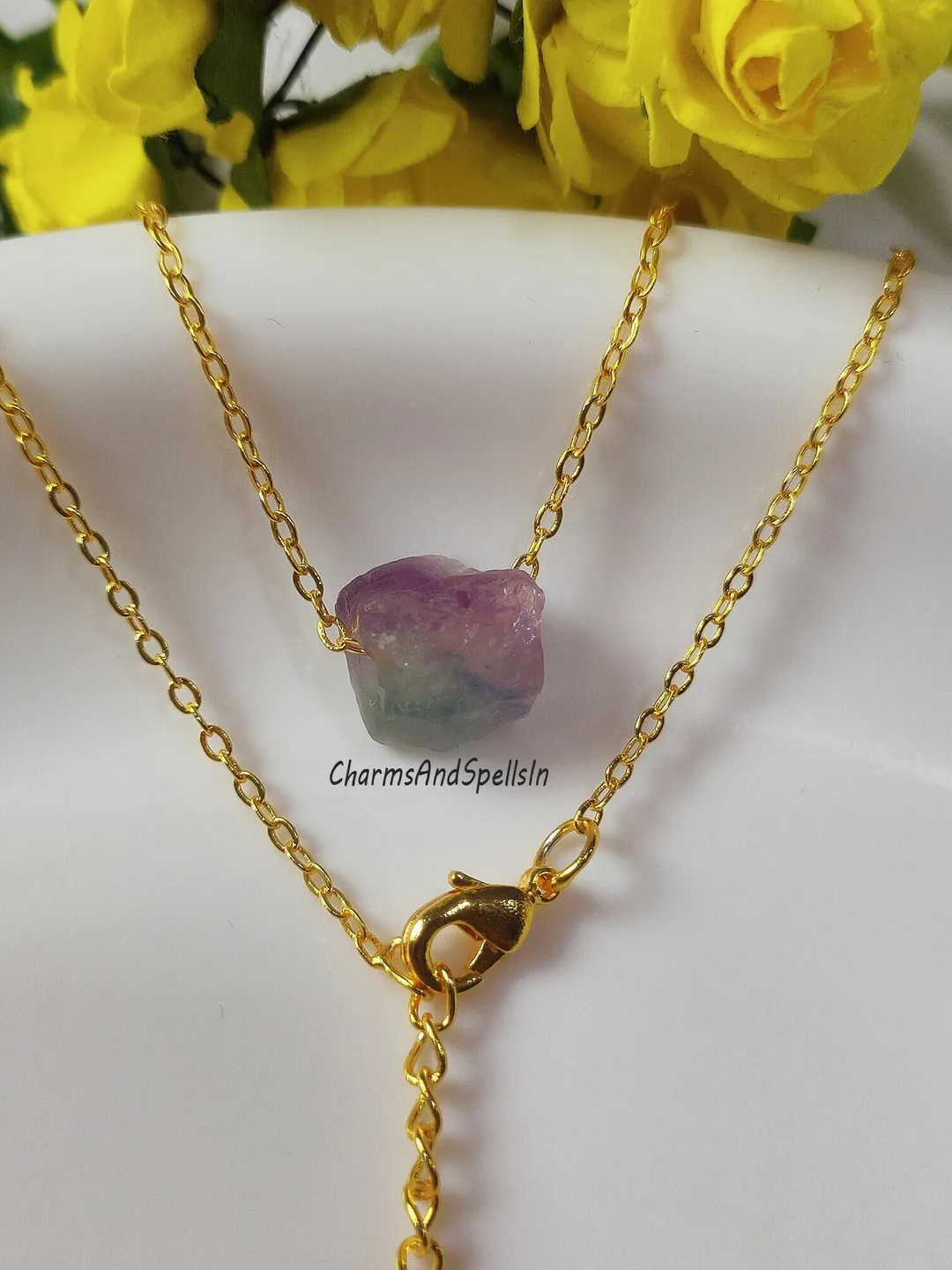 Raw Fluorite Necklace, Natural Crystal Pendant, Boho Gemstone Jewelry, Gift for Her
