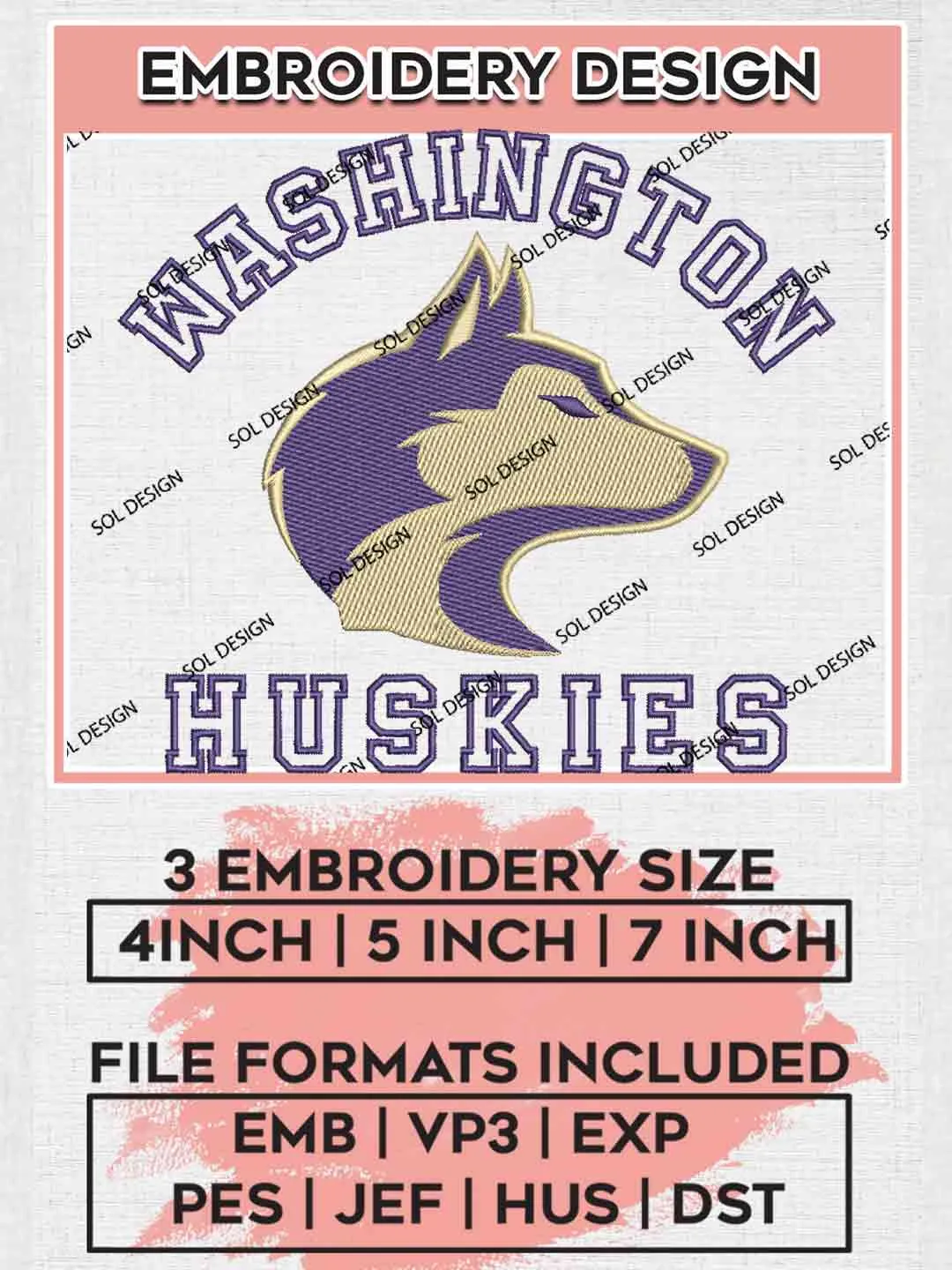 Washington Huskie Embroidery Design, Football Embroidery files, Sport Machine embroidery files, 3 sizes, Instant Download