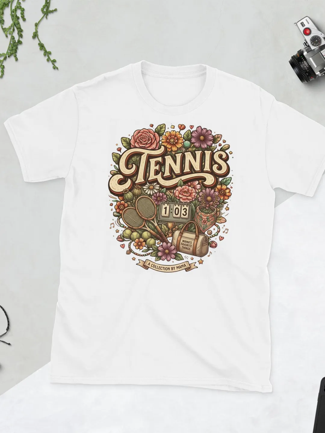 Mama's Favorite Things Tennis Shirt, Floral Retro Sport Tee for Mom, Vintage Tennis Racket Flower Graphic, Mother's Day Hobbies T-Shirt