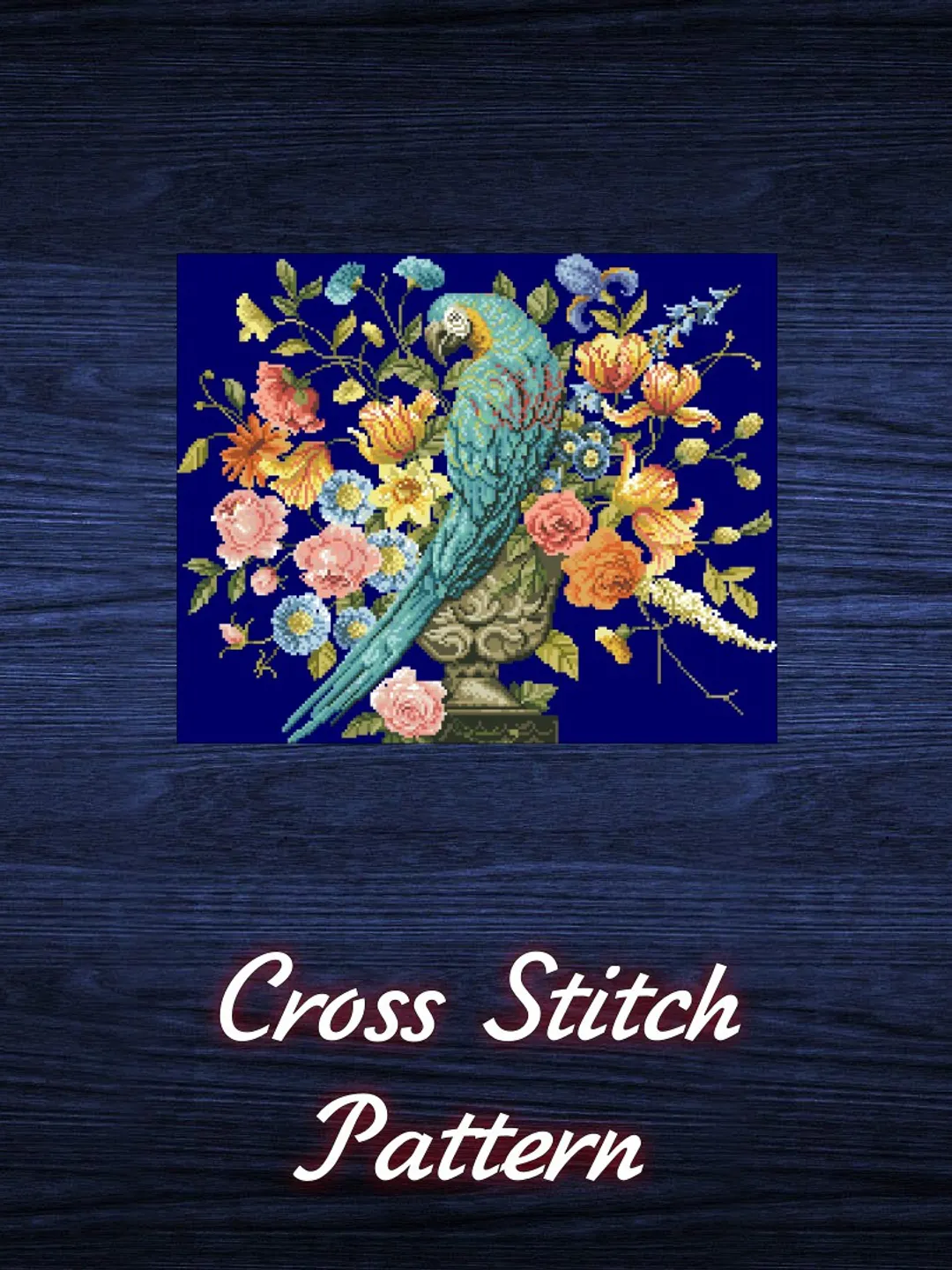 Antique Cross Stitch Pattern Parrot with Flowers Counted Digital Download PDF