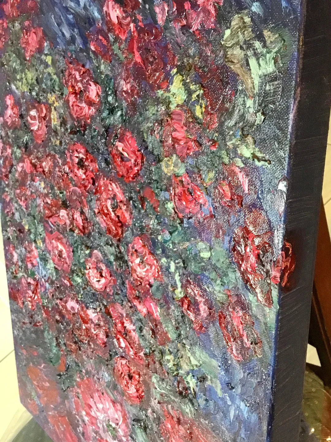 Red flowers in a vase,original oil heavy textured impasto painting on ...