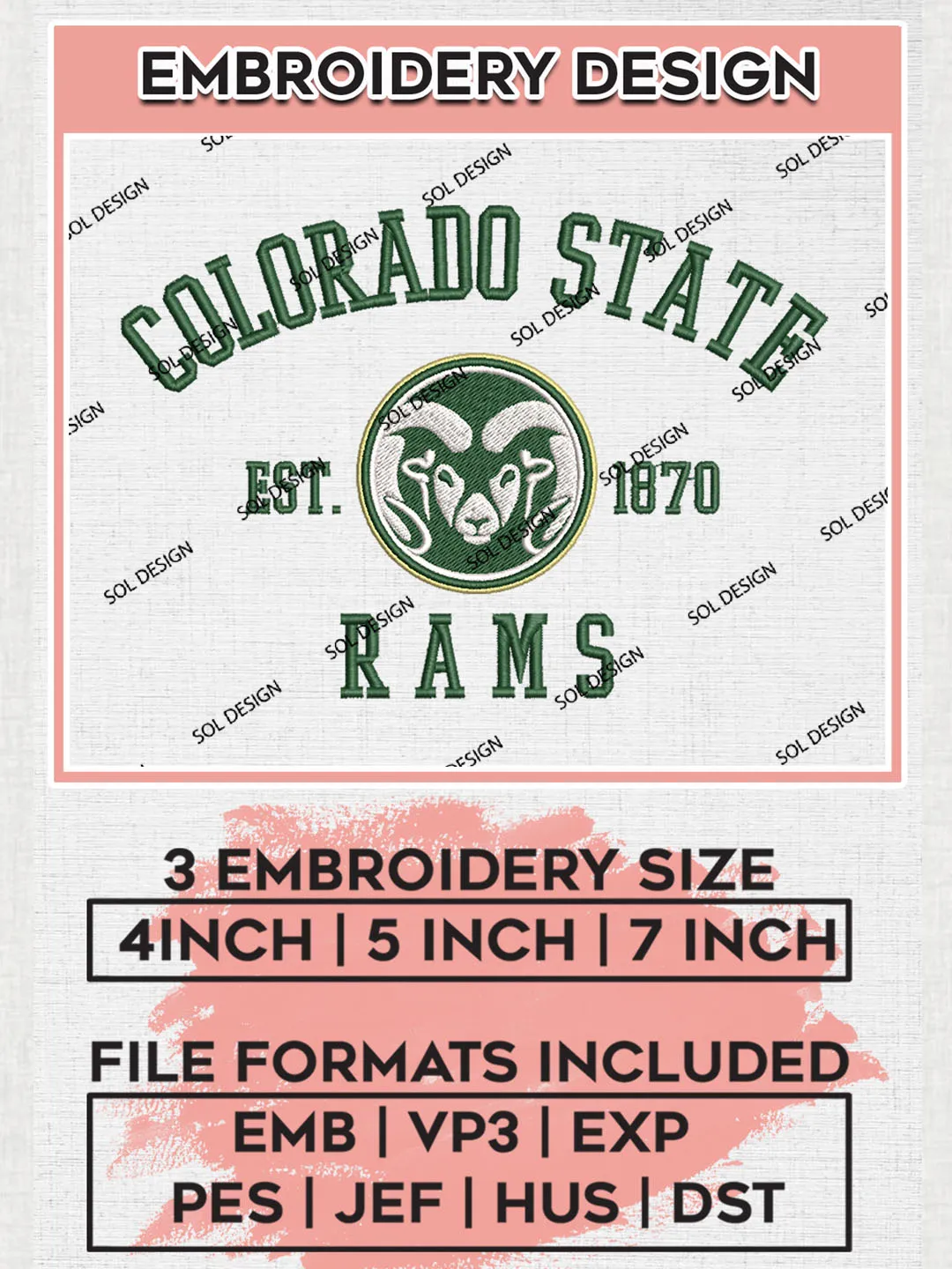 Colorado State Rams Est 1870 Logo Embroidery Designs, NCAA Colorado State Rams Team Embroidery, NCAA Team Logo, 3 sizes, Machine embroidery Files, Digital Download