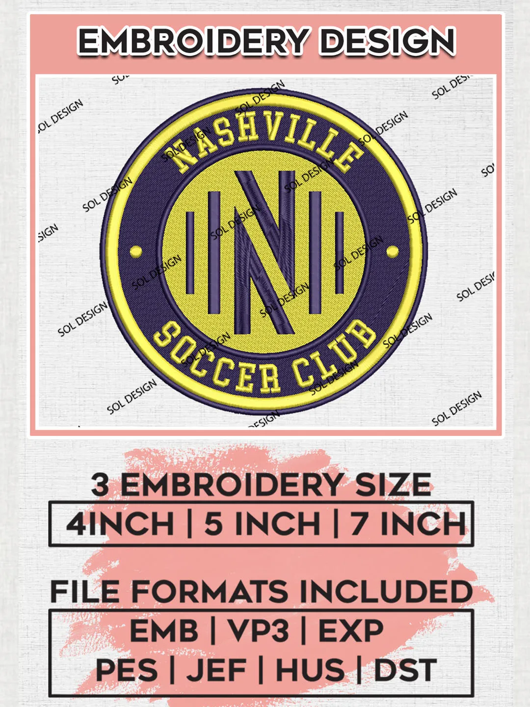 Nashville SC Soccer Team Logo Embroidery Design, MLS Nashville SC Logo Embroidery Files, Soccer Team Machine Embroidery, Machine Embroidery Design
