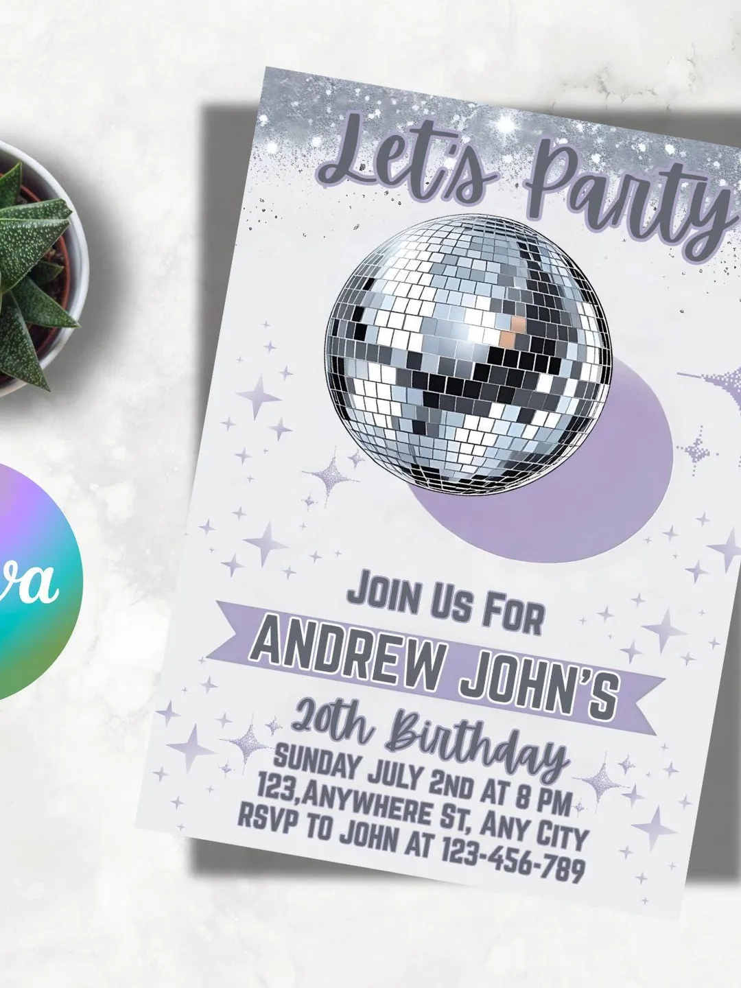 Editable Disco Birthday Invitation: Silver, Purple, Sparkles (5x7 PDF ...