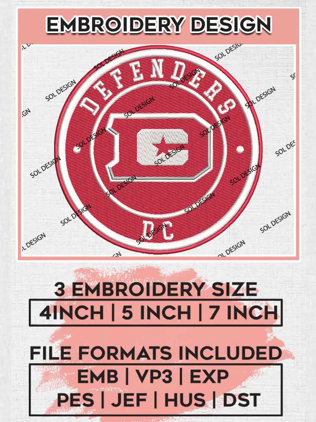 DC Defenders Round Logo Embroidery Design, UFL Football League Embroidery files, Sport Machine embroidery designs, 3 sizes, Instant Download