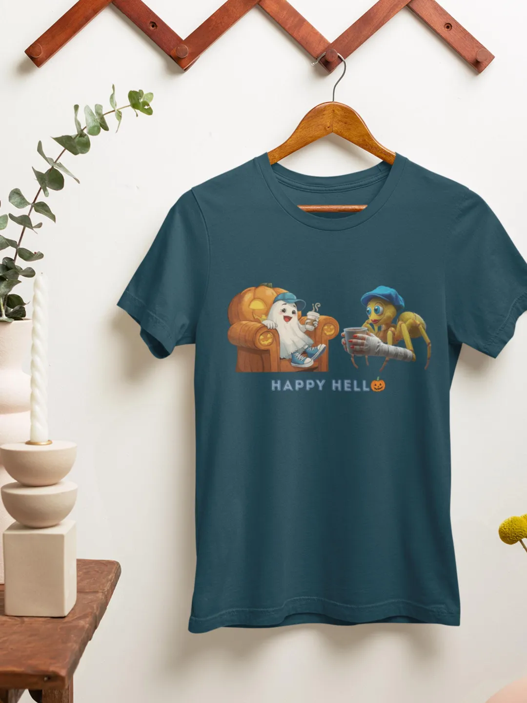 Ghost and Spider Coffee T-Shirt, Cozy Autumn Fall Top