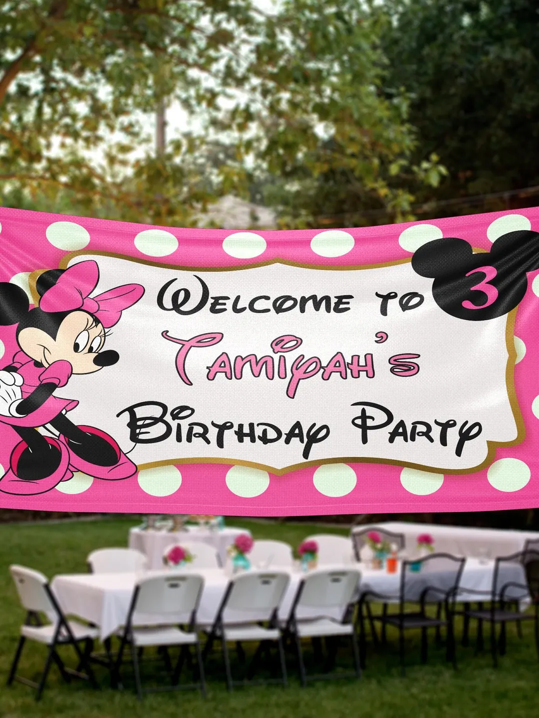 thumbnail image 2 of Custom Minnie Mouse Birthday Banner – Fuchsia, Polyester, Made In Italy 2 of 6
