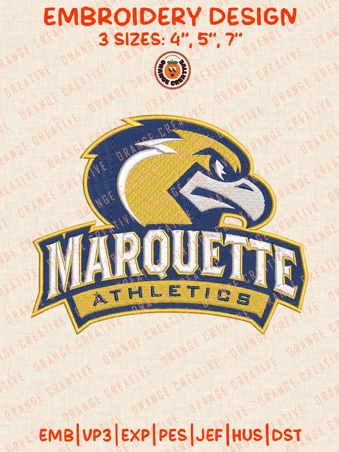 NCAA Marquette Athletics Embroidery Design, NCAA Marquette Golden Eagles Team Logo Embroidery Design, Machine Embroidery Design File, 4 Sizes, Custom Size, Digital Download