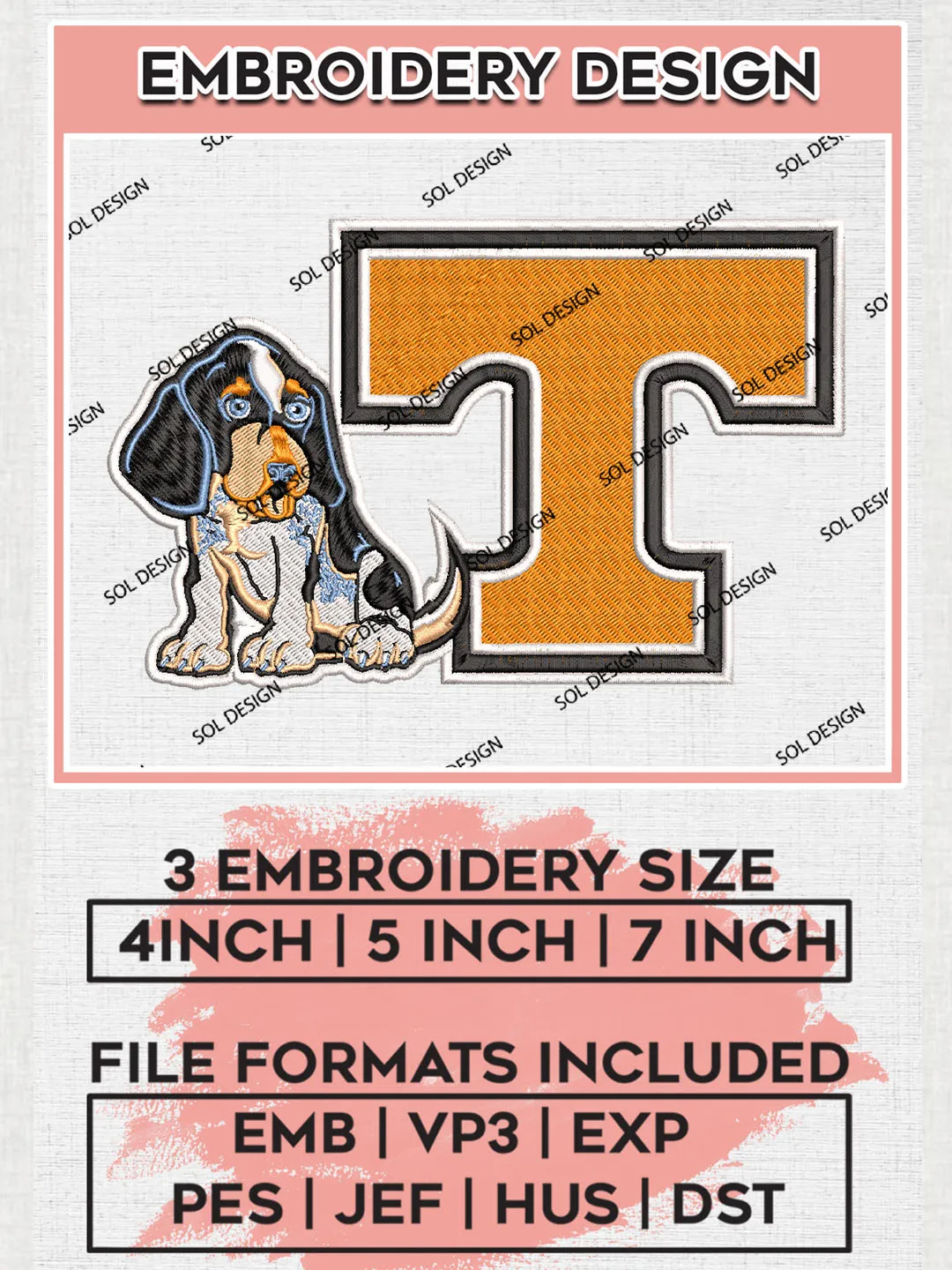 NCAA Tennessee Football Team Letter Mascot Logo Embroidery Design Files, NCAA Tennessee Volunteers Machine Embroidery, NCAA Teams, Game Day, 3 sizes, NCAA Machine embroidery designs, Digital Download