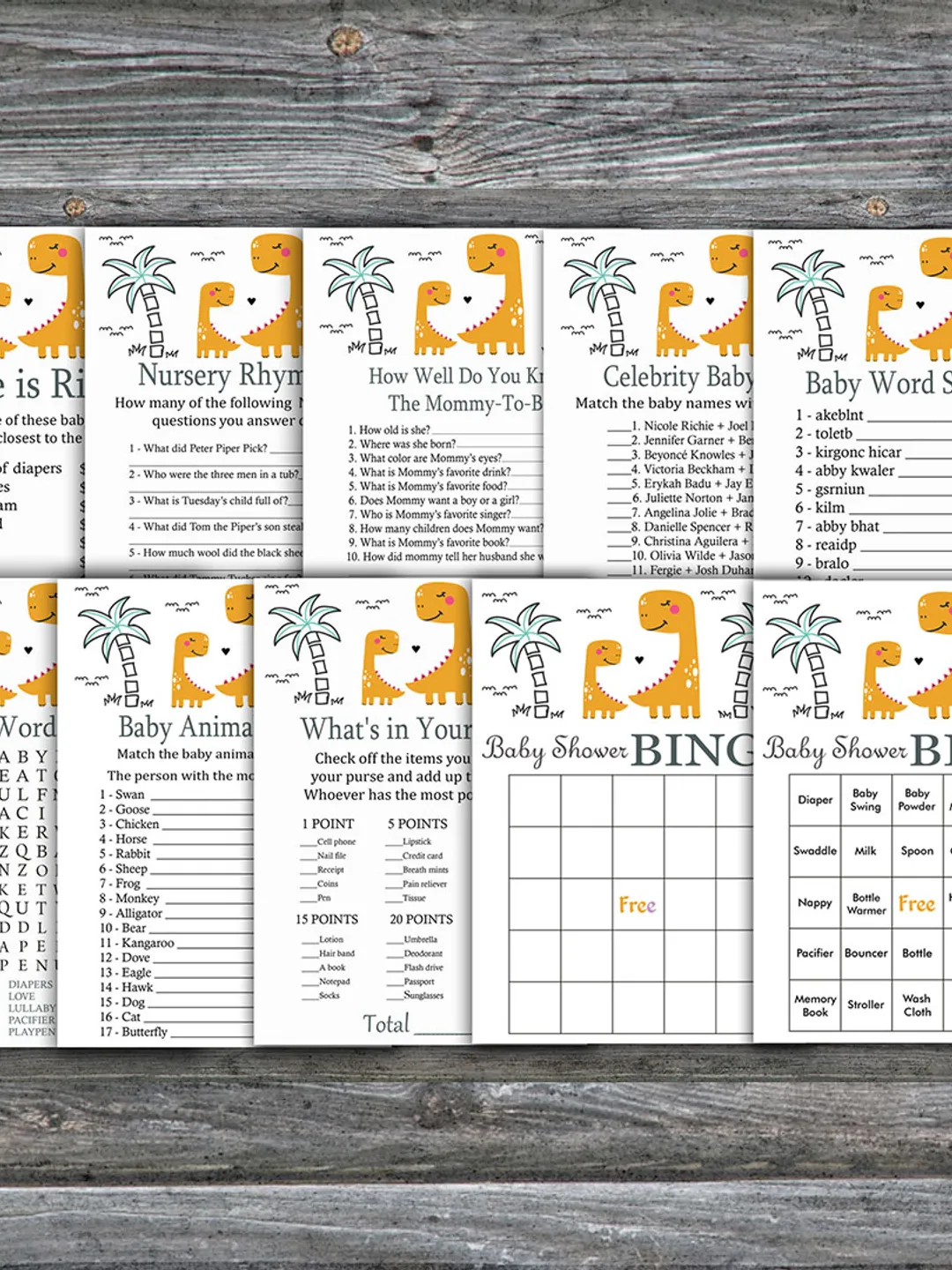 Orange Dinosaur baby shower games bundle,Dinosaur Baby Shower games package,Fun Baby Shower Games,9 Printable Games-332