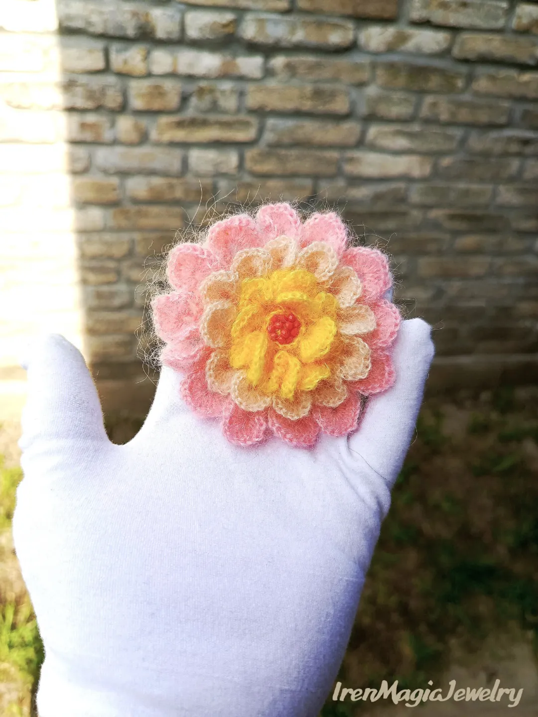 Pastel Mohair Flower Brooch in Pink, Beige and Yellow