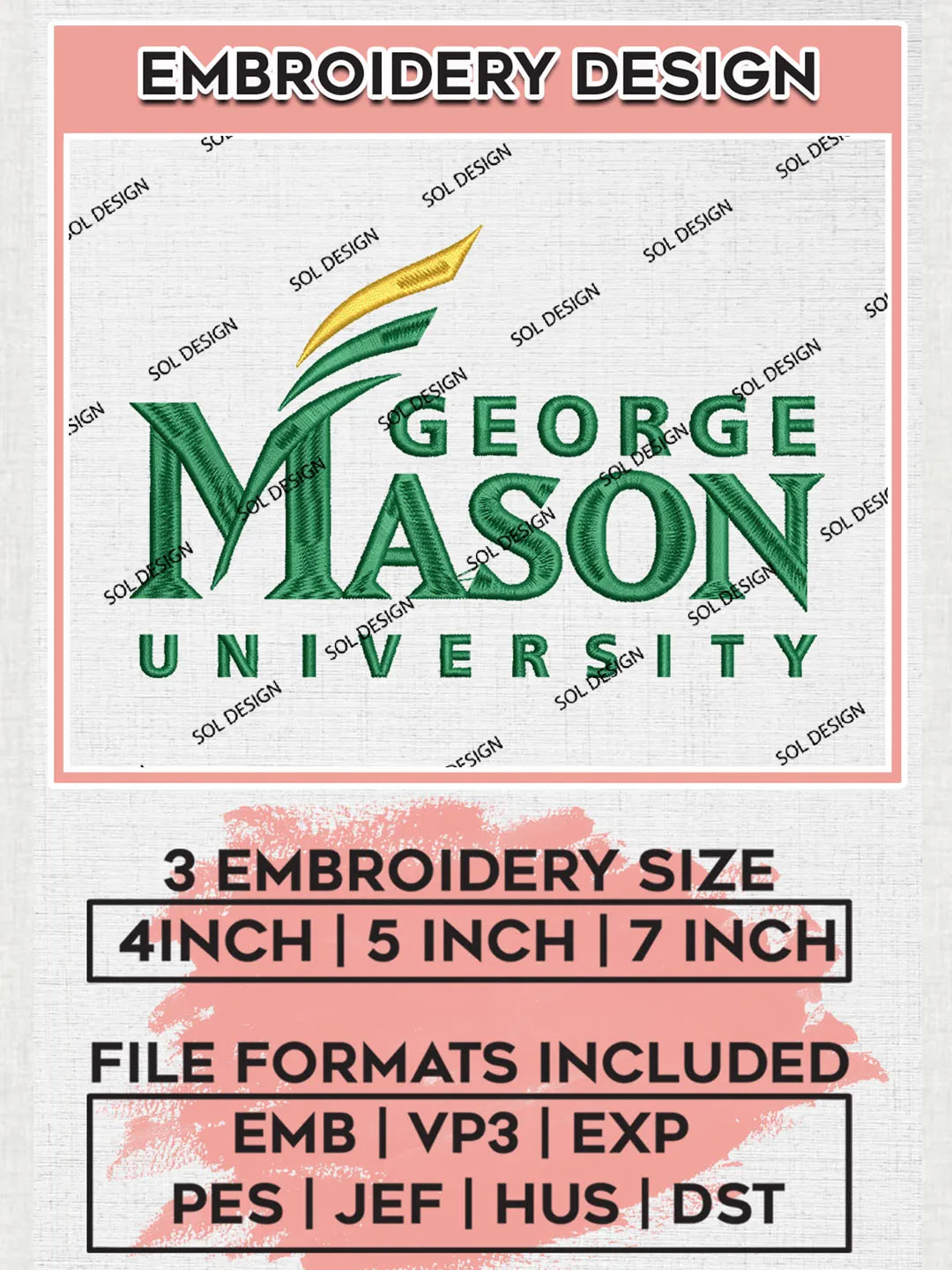 George Mason Patriots Football Team Logo Embroidery Design Files, NCAA George Mason Patriots Machine Embroidery, NCAA Teams, 3 sizes, NCAA Machine embroidery designs, Digital Download