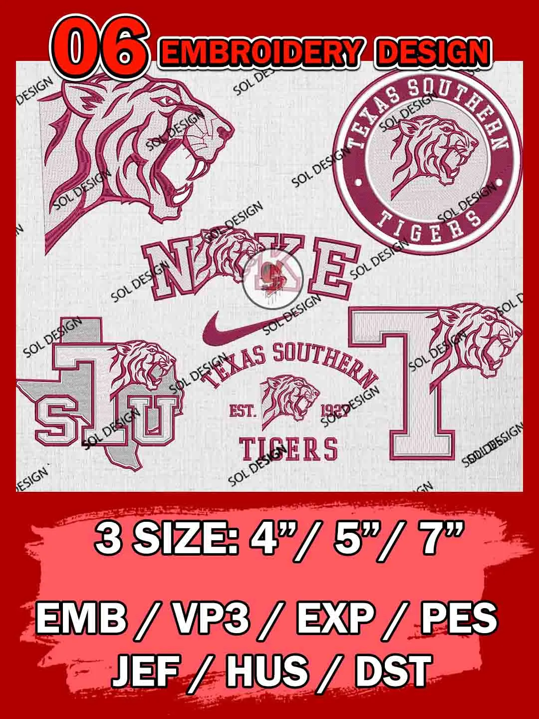 6 NCAA Texas Southern Tigers Bundle Embroidery Files, NCAA Texas Southern Tigers Team Bundle Embroidery Designs, NCAA Teams, National College Football Team 3 sizes, NCAA Texas Southern Machine Embroidery, Digital Download
