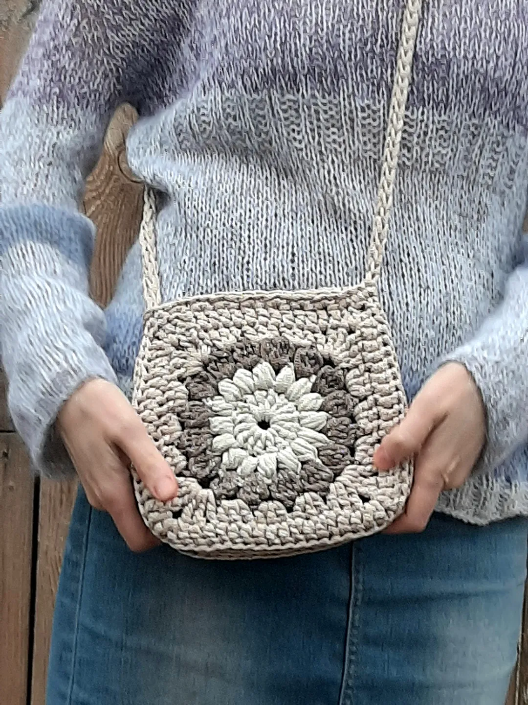 Crochet Boho Chic Handbag Granny Square Sunflower Shoulder Bag Phone Bag