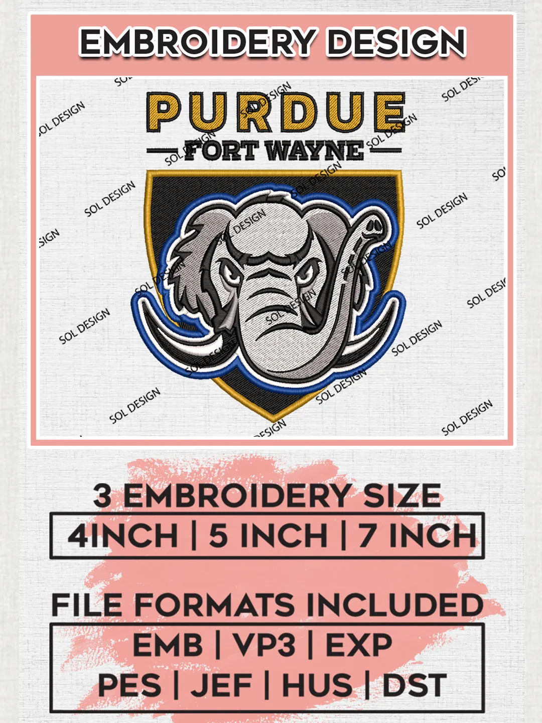 Purdue Fort Wayne Mastodons Logo Machine Embroidery Design, NCAA Purdue Fort Wayne Mastodons Embroidery Design Design files, NCAA Embroidery Designs, NCAA Machine Embroidery Designs, Digital Download