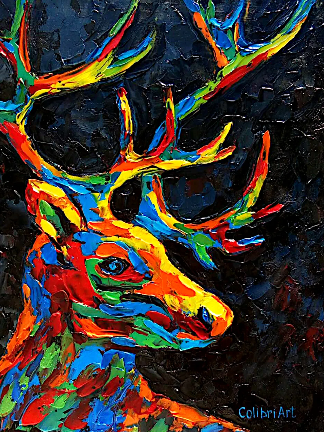 Stag Painting Deer Original Art Abstract Animal Painting Impasto Colorful Art Rainbow Small Art 12" x 10" By Colibri Art