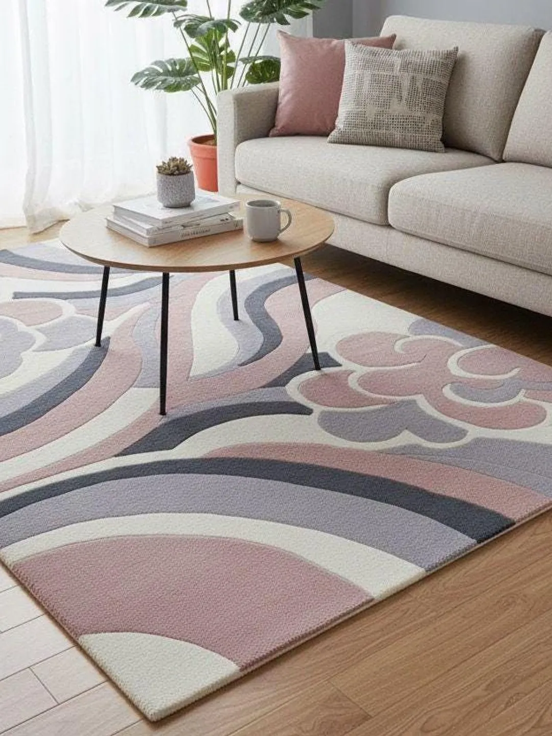 Hand-Tufted Area Rug: Modern Pink Grey Abstract Swirl Carpet