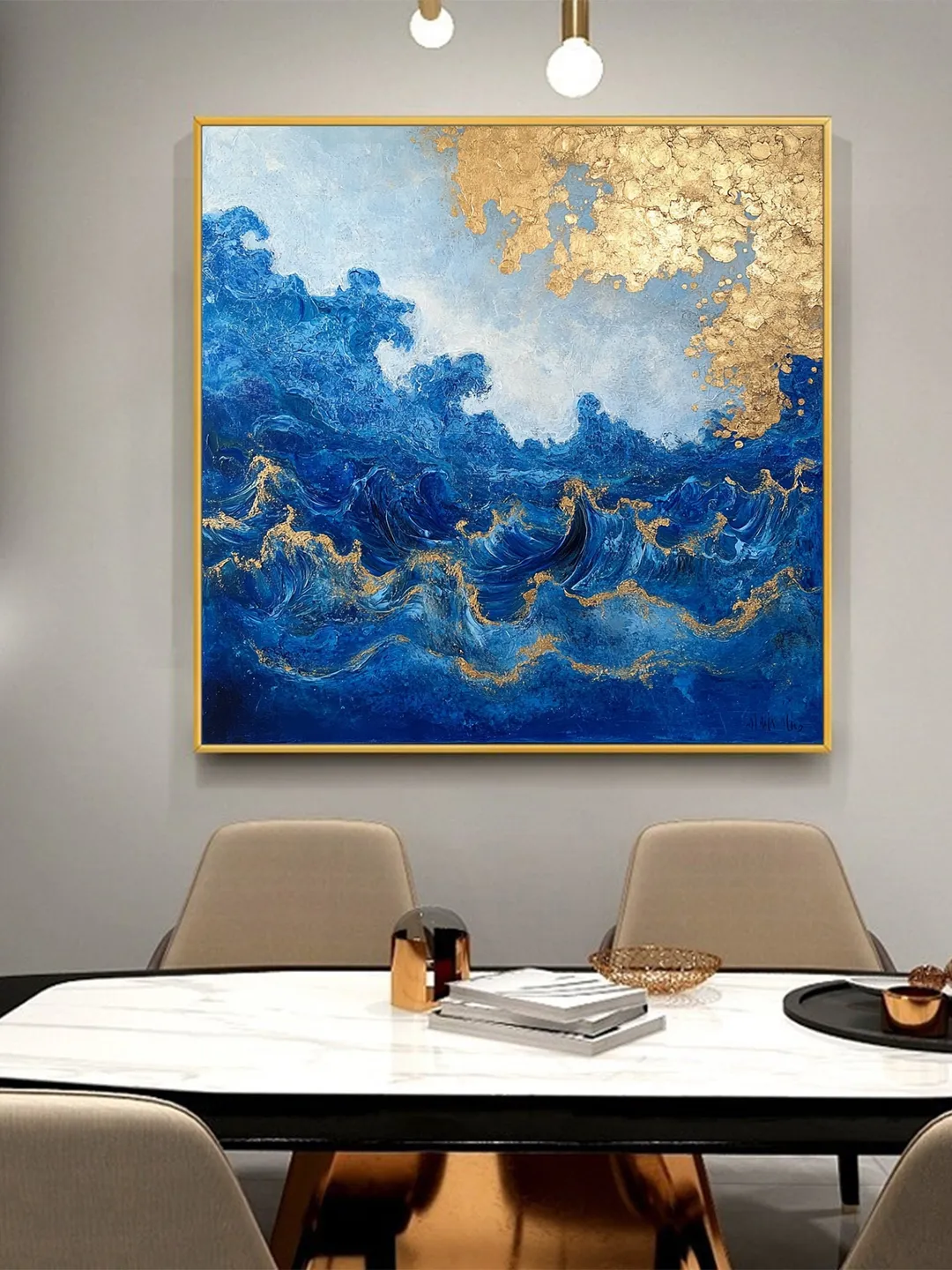 Abstract Gold leaf Oil Painting on Canvas, Original Blue Painting ...