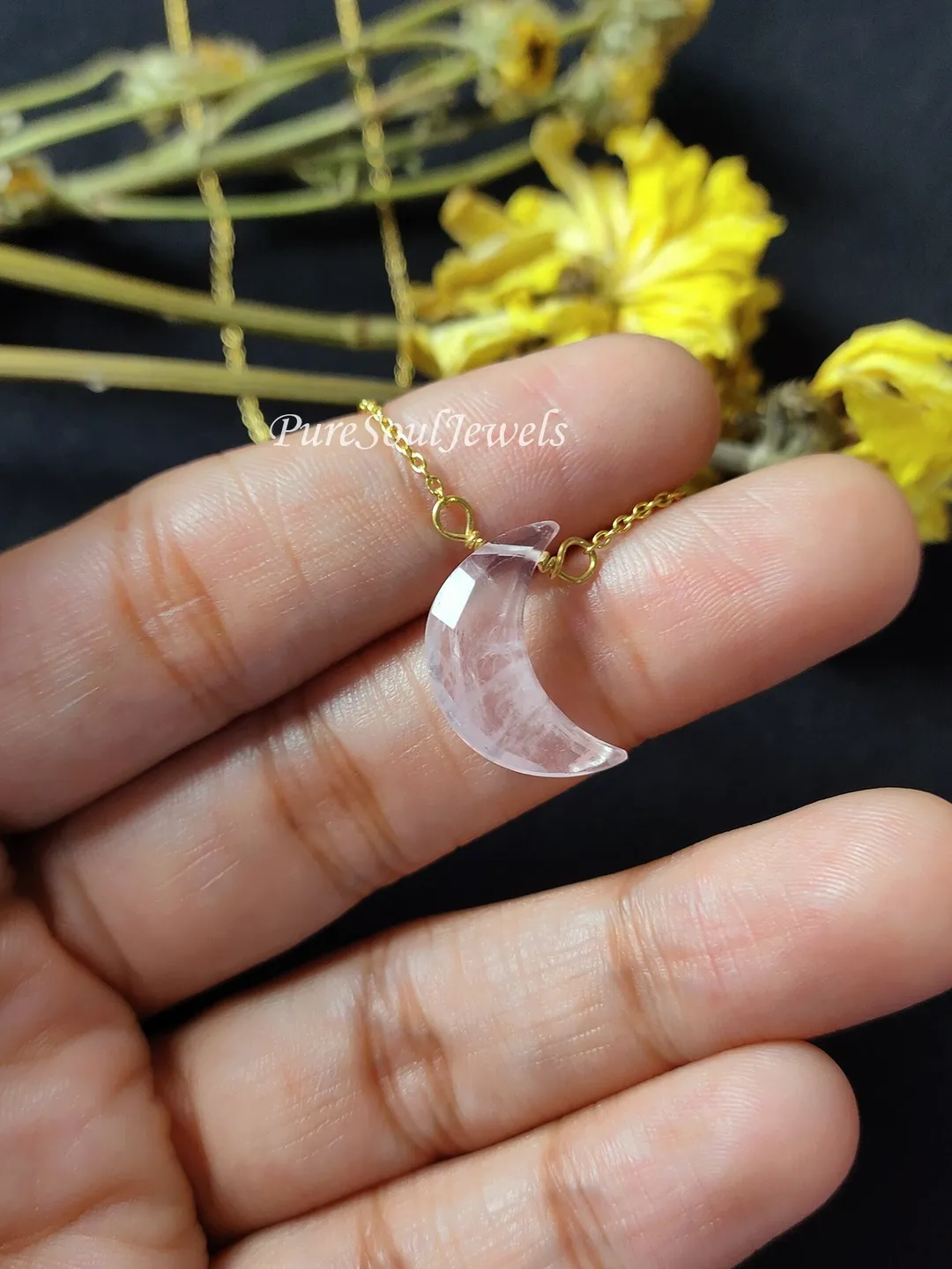 Rose Quartz Crescent Moon Necklace, 925 Sterling Silver Pendant, Boho Celestial Crystal Jewelry Gift