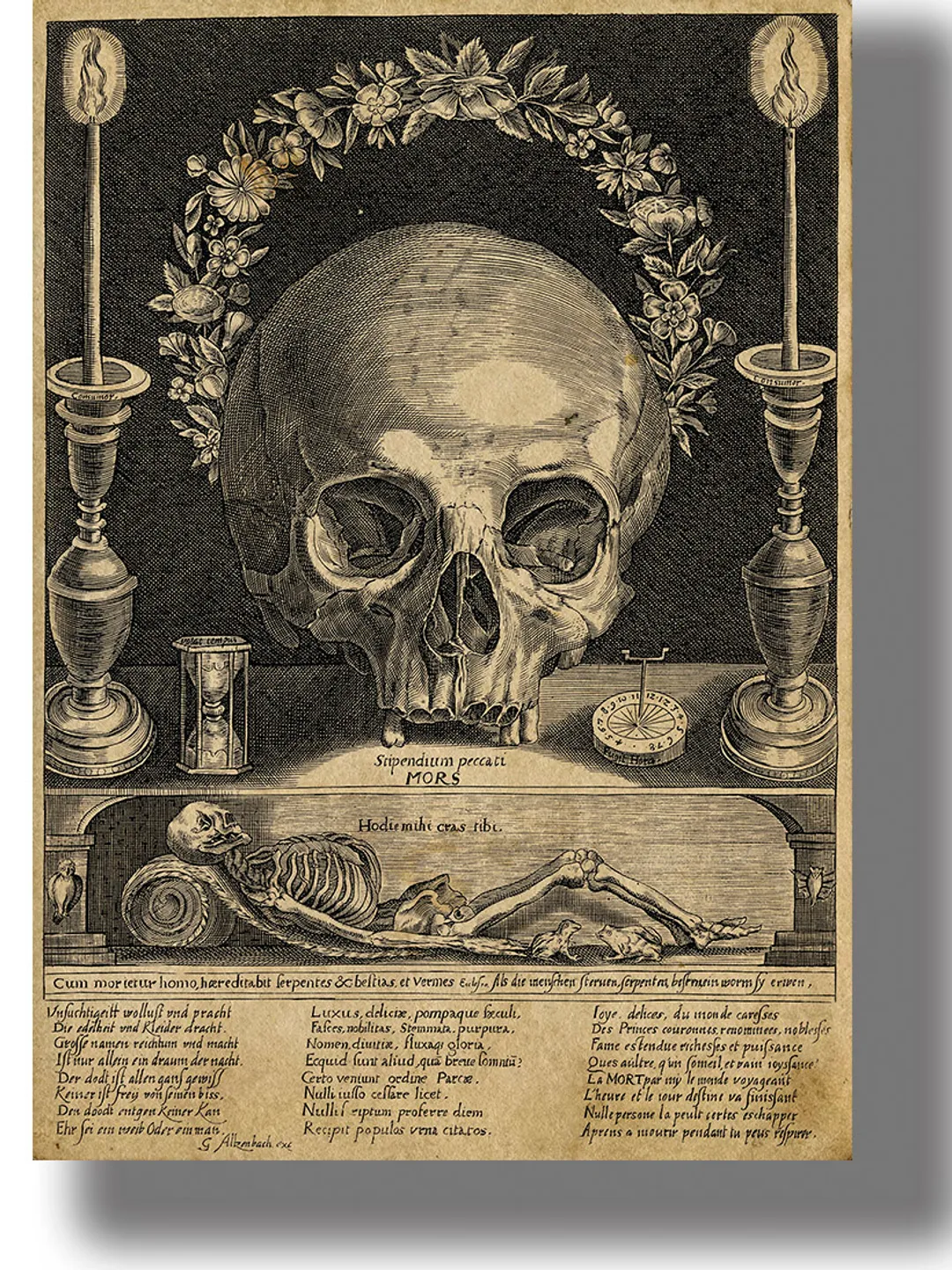 A skull, a skeleton, candles and other symbols of mortality.