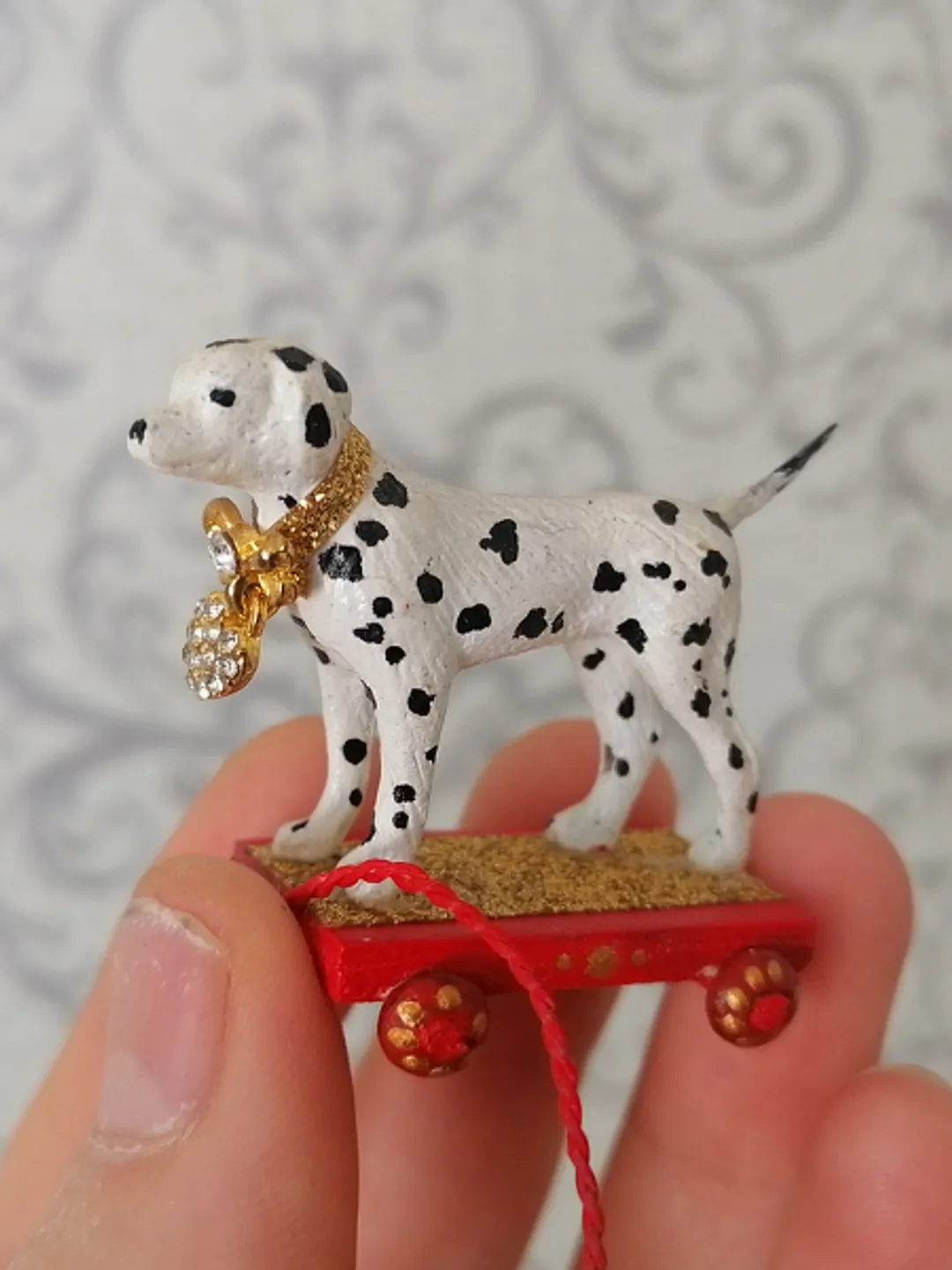 Dolmatian on a cart. Doll toy. dollhouse miniature.1:12 scale.