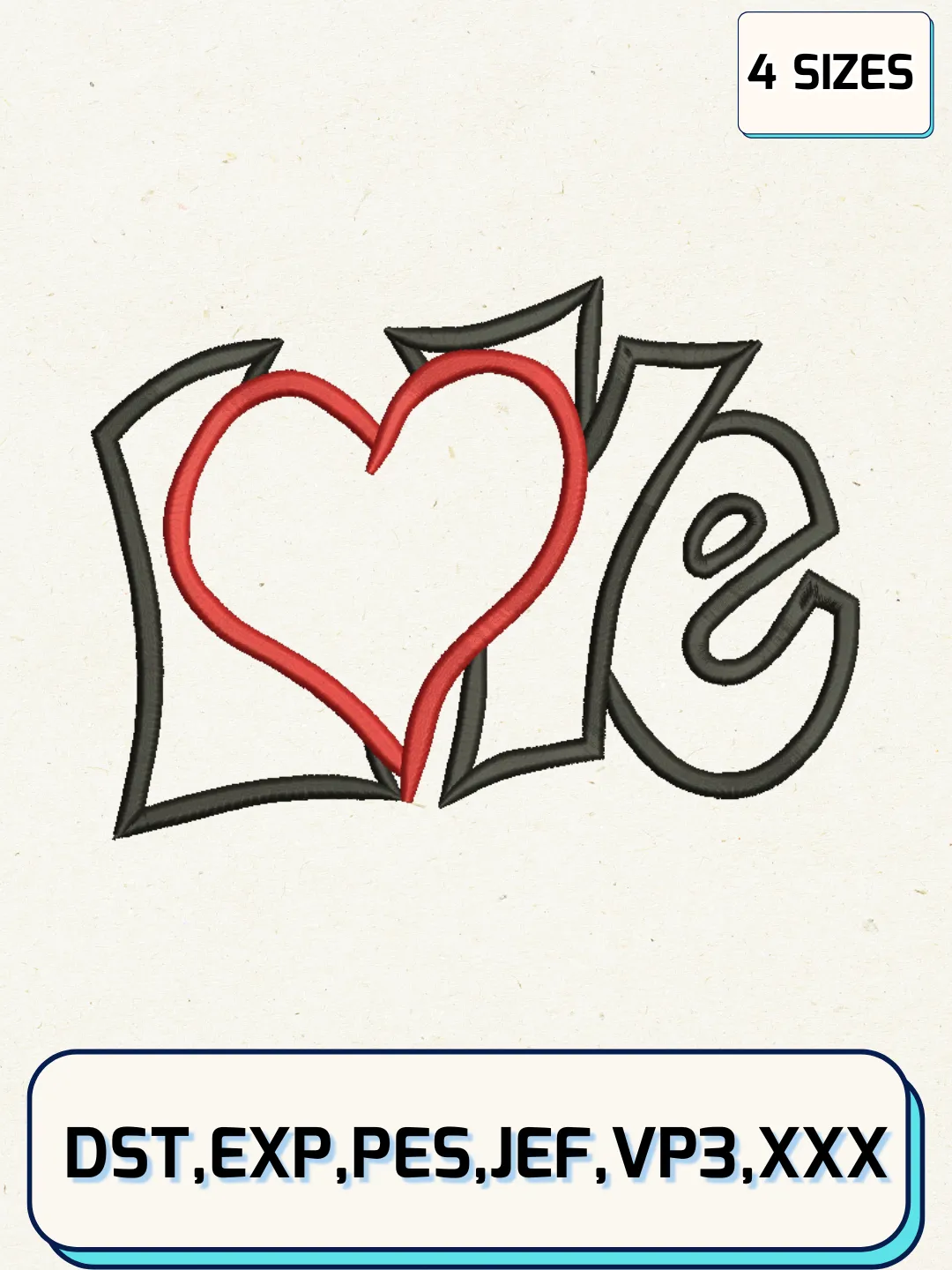 Applique Love Heart Logos Embroidery Design Files, Valentine Logos Embroidery Designs, Machine Embroidery Files, 4 Sizes