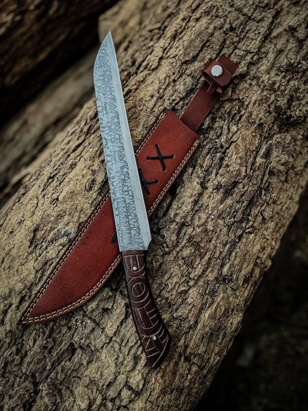 Handmade Viking Seax Knife | D2 Steel Blade with Etching | Carved
