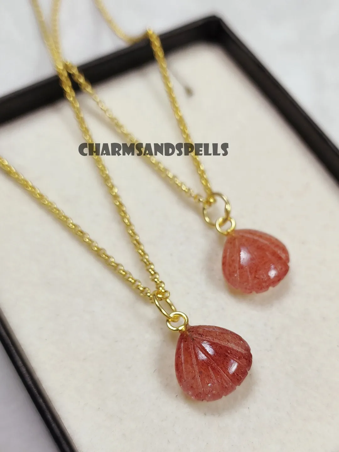 Natural Strawberry Quartz Necklace, Minimalist Necklace, Healing Energy Crystal Jewelry, Pink Strawberry Quartz, Carved Pendant For Gift