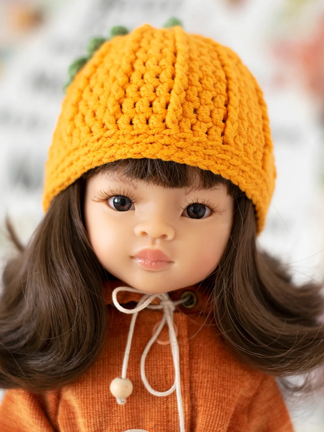 Orange pumpkin hat for Paola Reina doll, Meadowdolls Dumplings, Little Darling, Siblies, doll accessories for Halloween