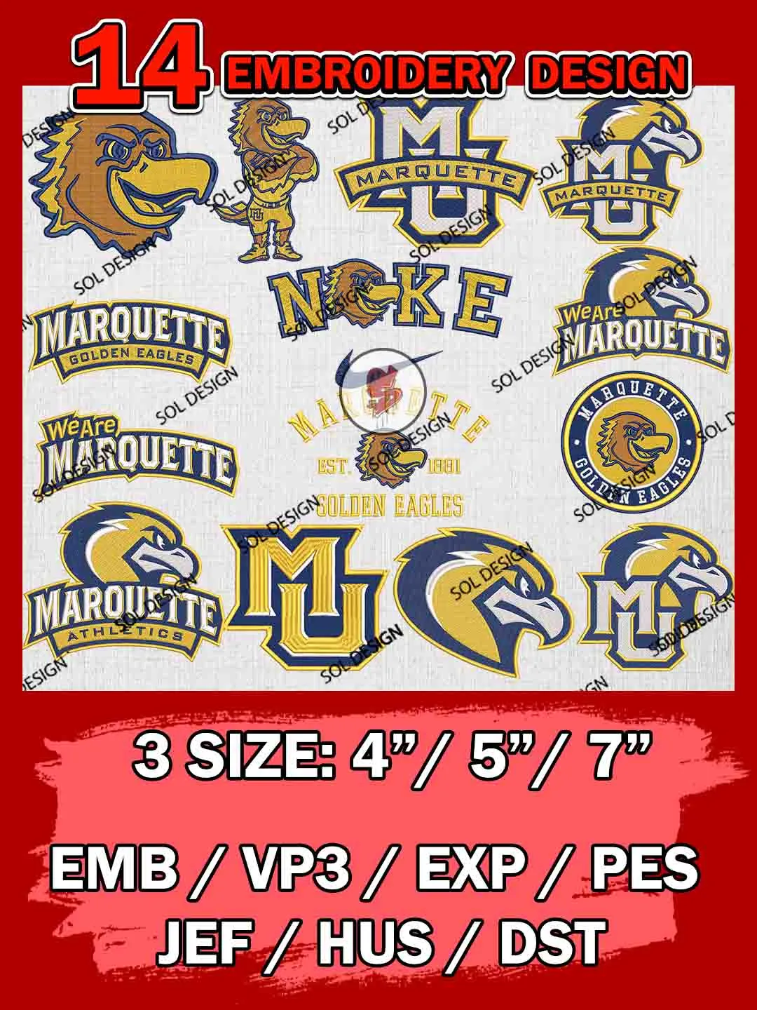 14 NCAA Marquette Golden Eagles Bundle Embroidery Files, NCAA Marquette Golden Eagles Team Bundle Embroidery Designs, NCAA Teams, National College Football Team 3 sizes, NCAA Marquette Golden Machine Embroidery, Digital Download