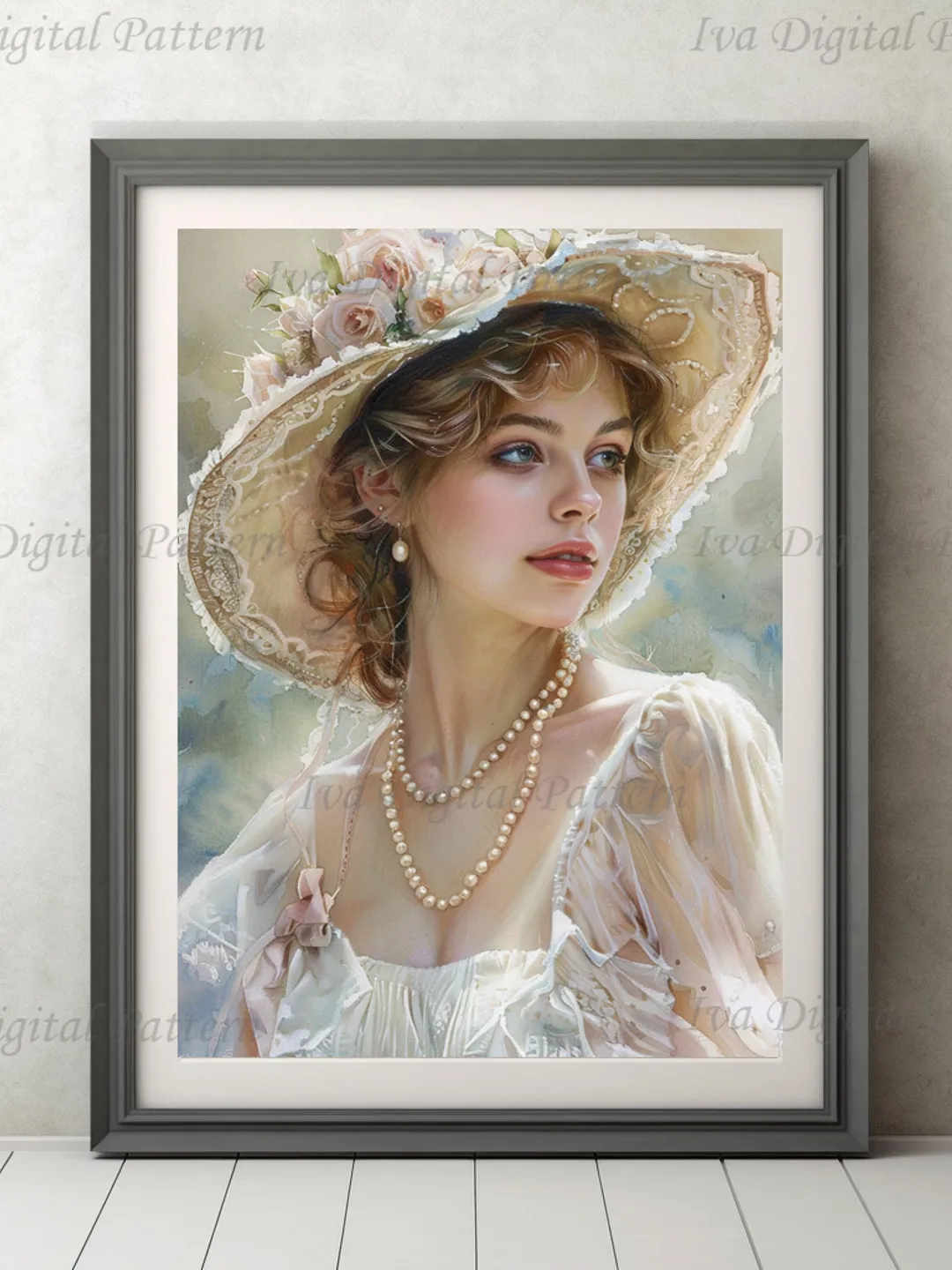 Digital illustration.French woman. Romantic girl with a hat. Digital painting. Wall decor in pastel colors. Parisienne. Instant download.