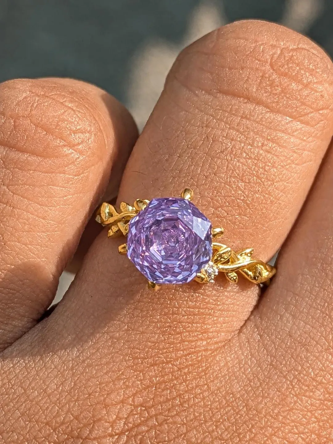 2Ct Purple Rose Cut Moissanite Engagement Ring, 14K Rose Gold Ring, 18K Gold Solitaire Ring, Nature Leaf Bridal Gift for Her