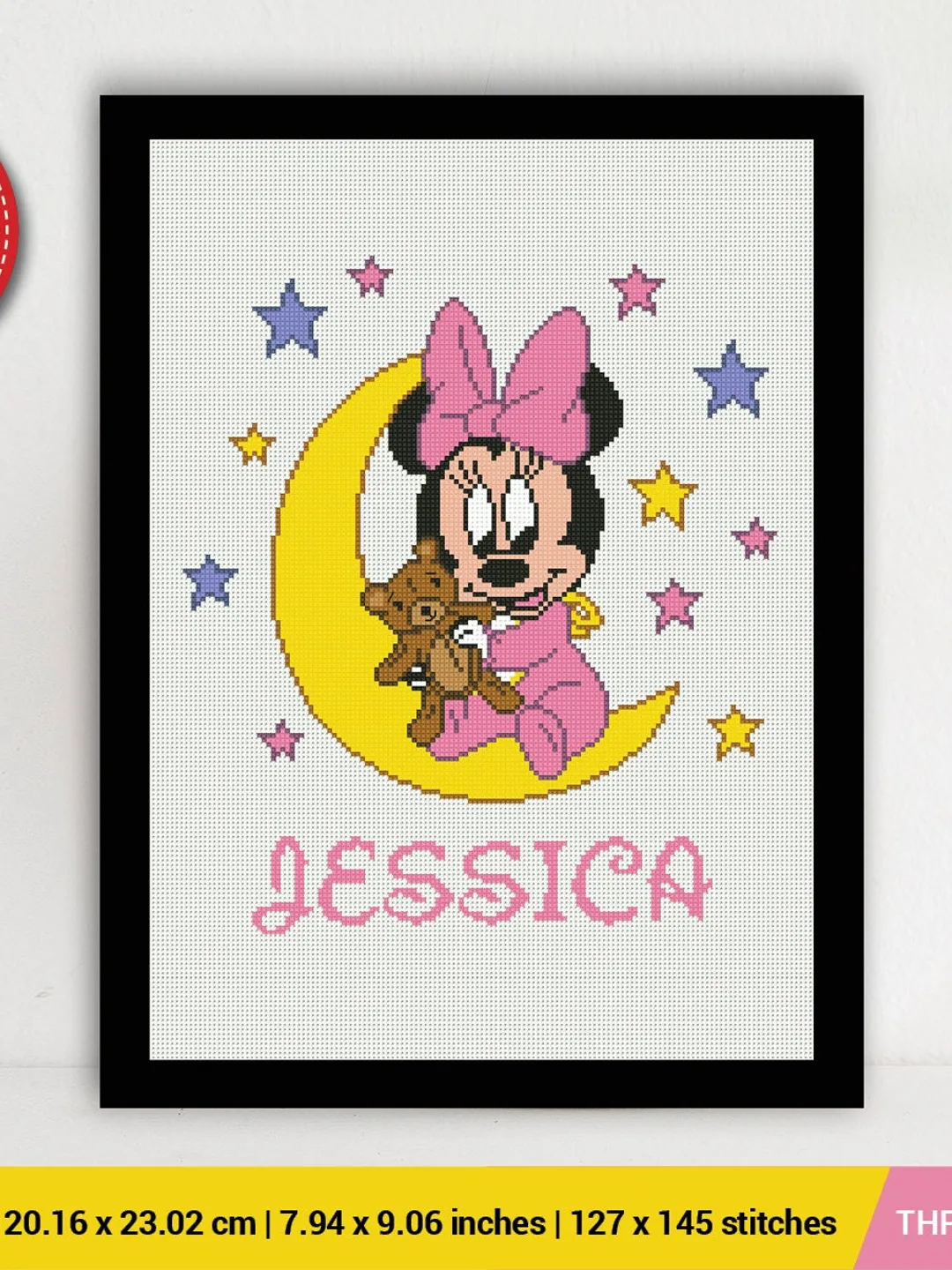 Minnie Birth announcement cross stitch pattern, Mouse, baby, personalized, girl nursery, counted, chart, gift DIY, embroidery, instant PDF