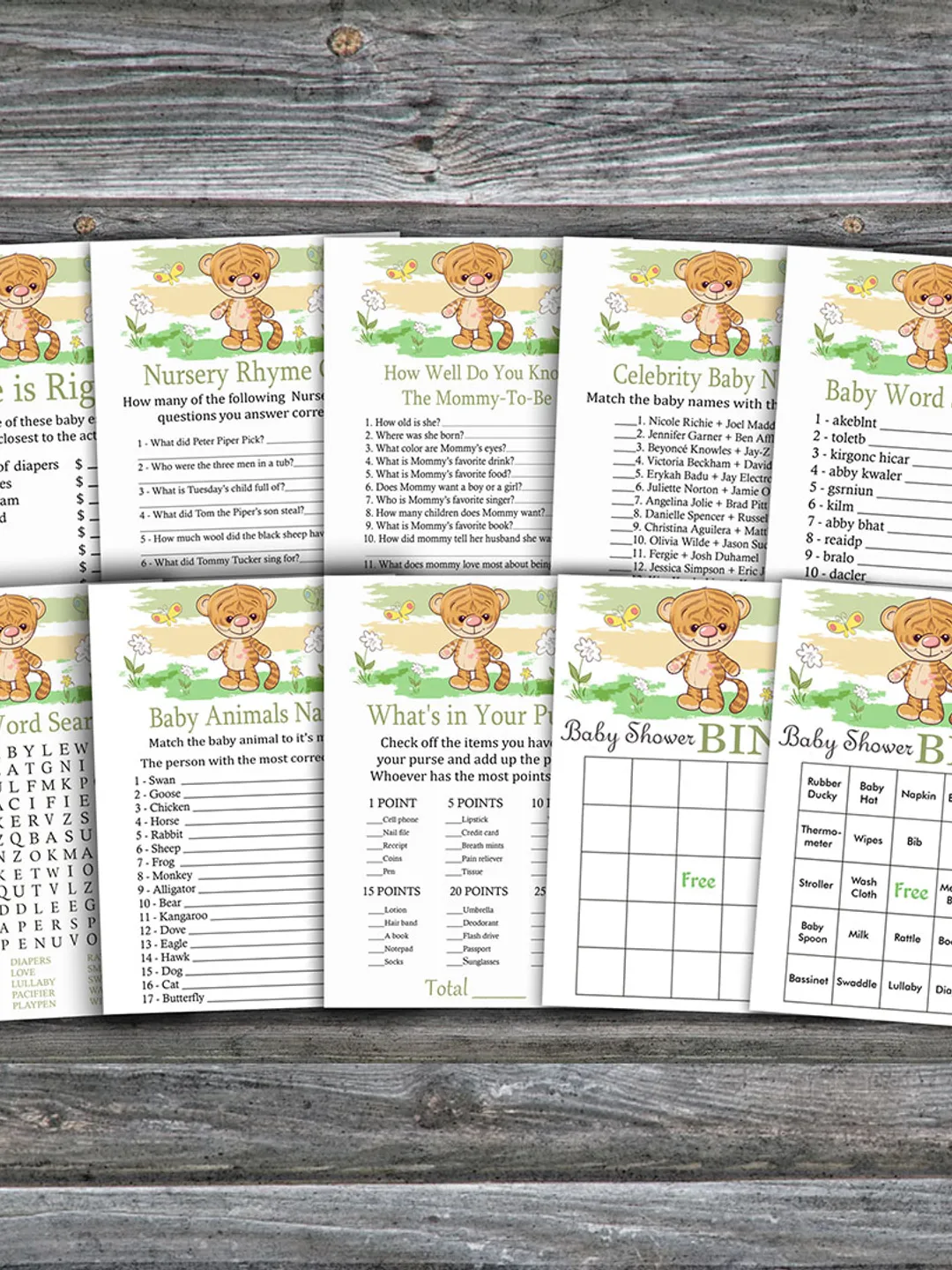 Jungle baby shower games bundle,Tiger Baby Shower games package,Fun Baby Shower Games,9 Printable Games-311