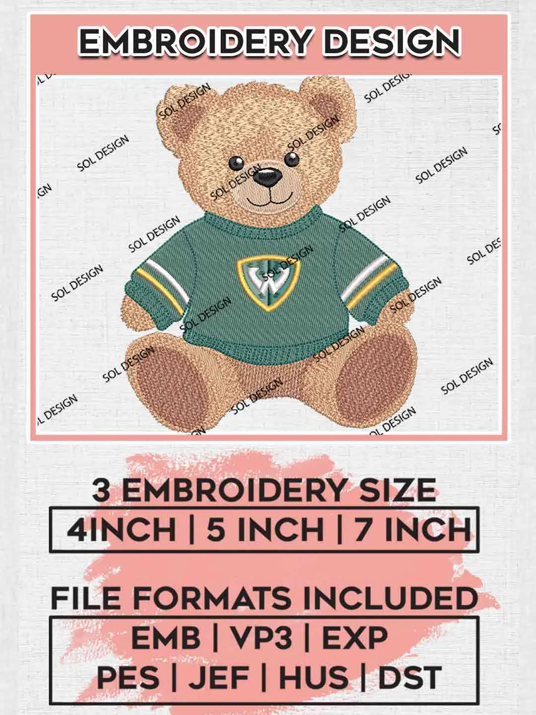 Wayne State Warrior Teddy Bear Embroidery Design, Football Embroidery files, Sport Machine embroidery files, 3 sizes, Instant Download