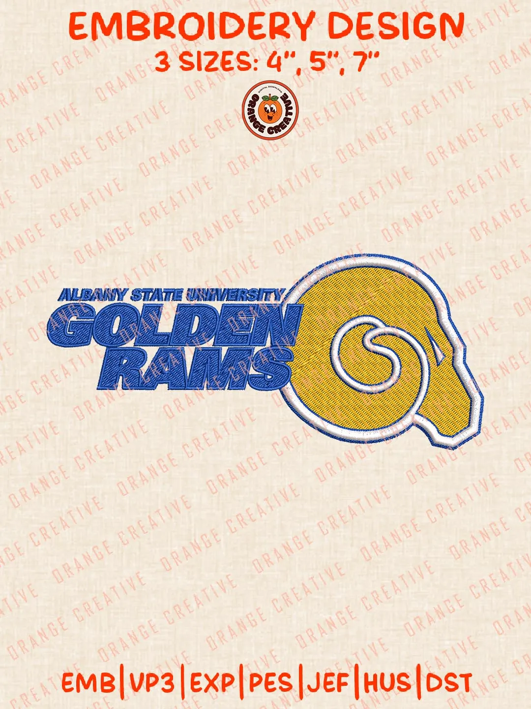Albany State Golden Rams Logo Embroidery Files, Sport Embroidery Designs, NCAA Albany State Golden Rams Embroidery, College Football Team Designs, Digital Download