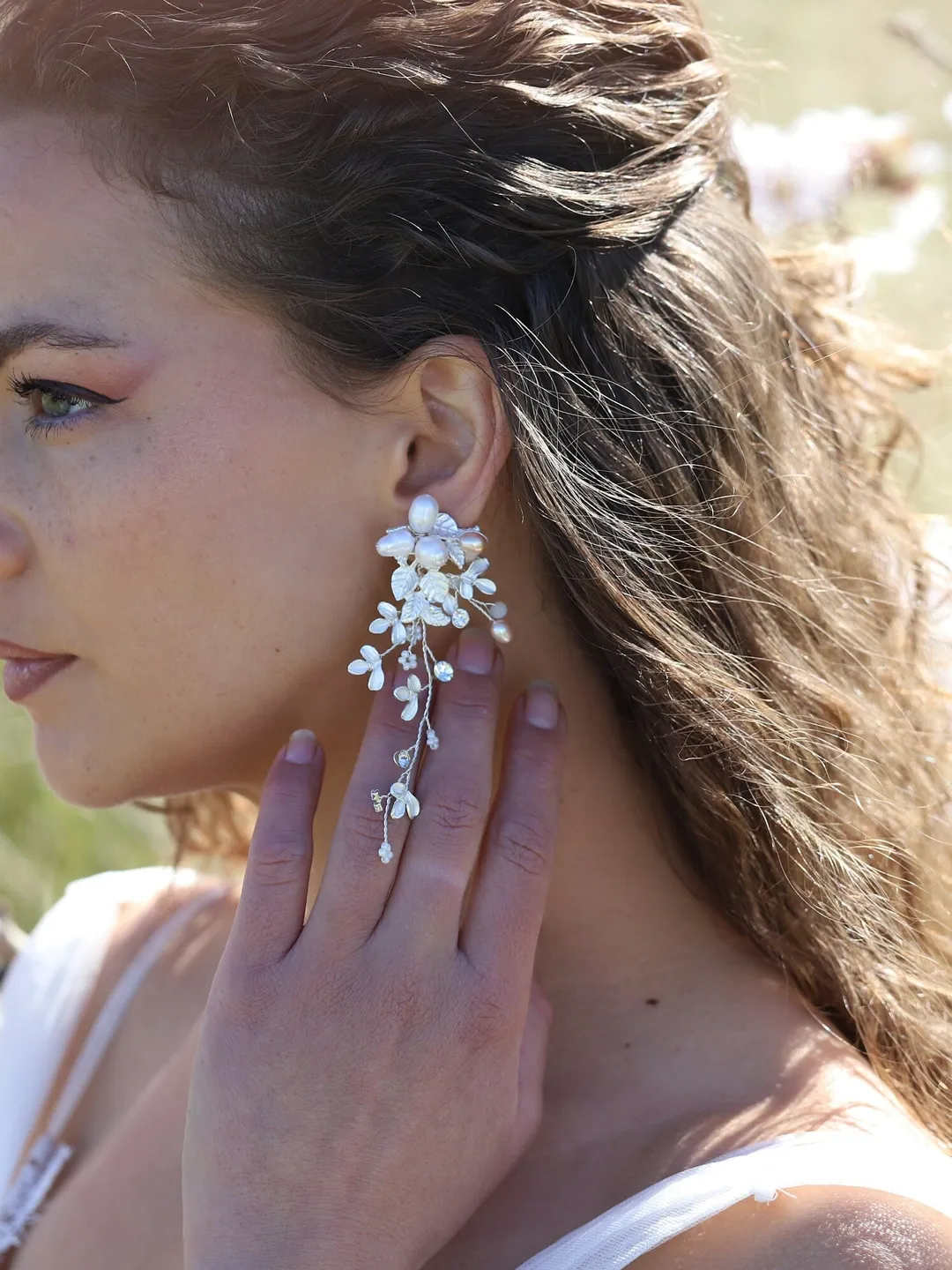 Boho Wedding Earrings, Freshwater Pearl Statement Bridal Earrings, Long Chandelier Flower Wedding Earrings, Floral Bridal Jewelry, Accessory