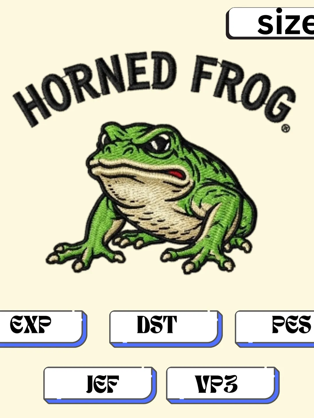 Horned Frog Mascot Embroidery Pattern | Multi-Size Machine Digitized File | DST, PES, JEF, EXP, VP3