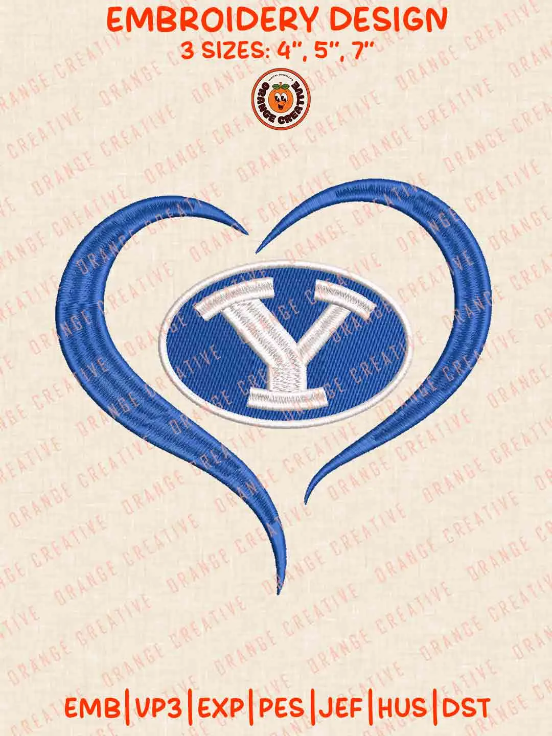 BYU Cougar Heart Logo Embroidery Design, College Machine Embroidery Digitized Pes File, Football Designs, 3 Sizes, Custom Size, Instant Download