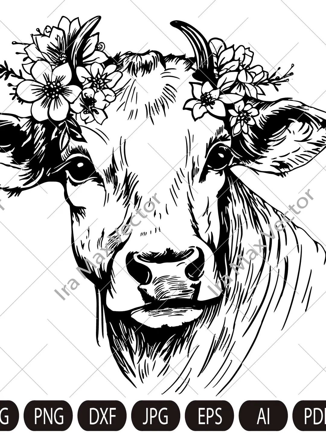 Cow SVG file, Cow with Flower Crown SVG, Cow cut file, Animal Face, Floral Crown, Cow with Flowers on Head, Cute Cow svg, Farm Animals, Barn